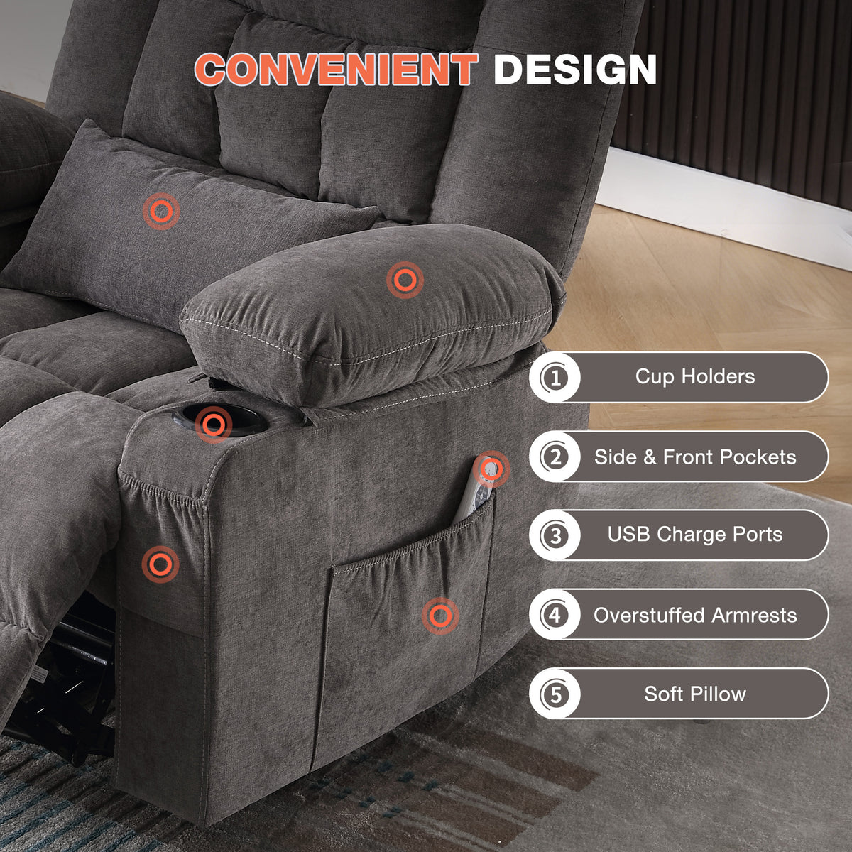 Massage Swivel Rocker Recliner with Vibration, Heat & Ergonomic Lounge Support detail image 25