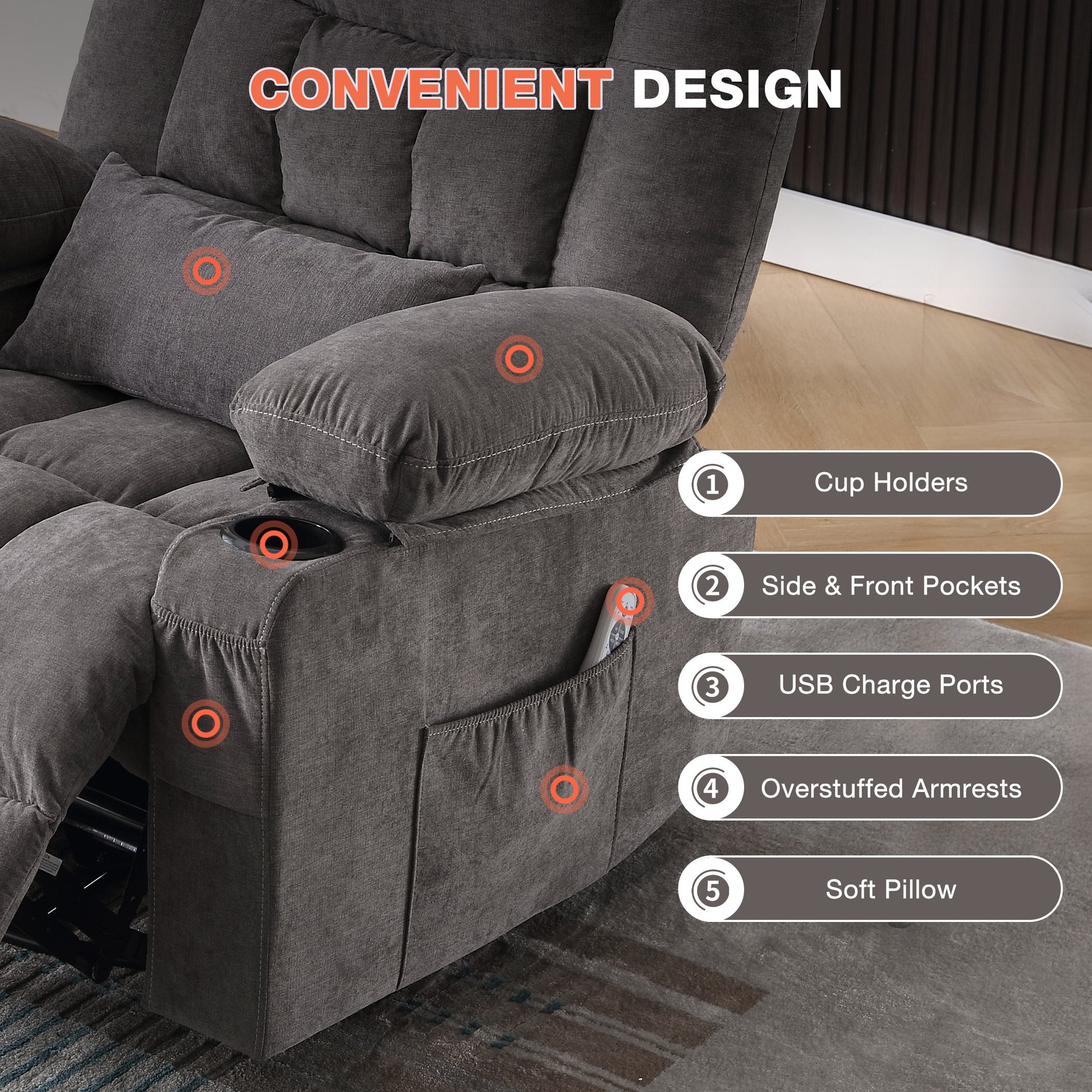 Massage Swivel Rocker Recliner with Vibration, Heat & Ergonomic Lounge Support detail image 25