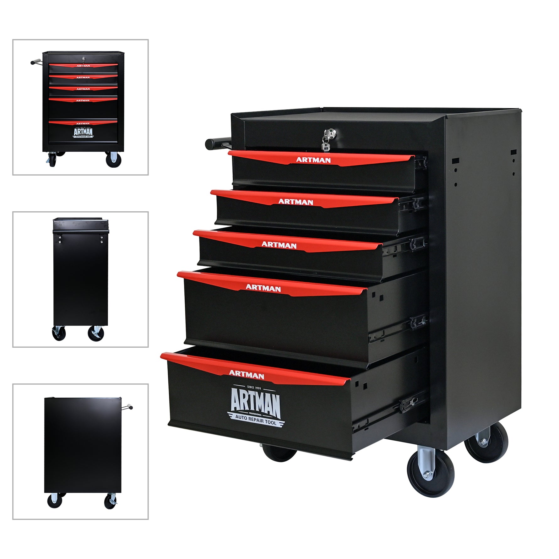 Rolling 5-Drawer Steel Tool Chest with Stainless Steel Top for workshop, garage, storage, or utility use