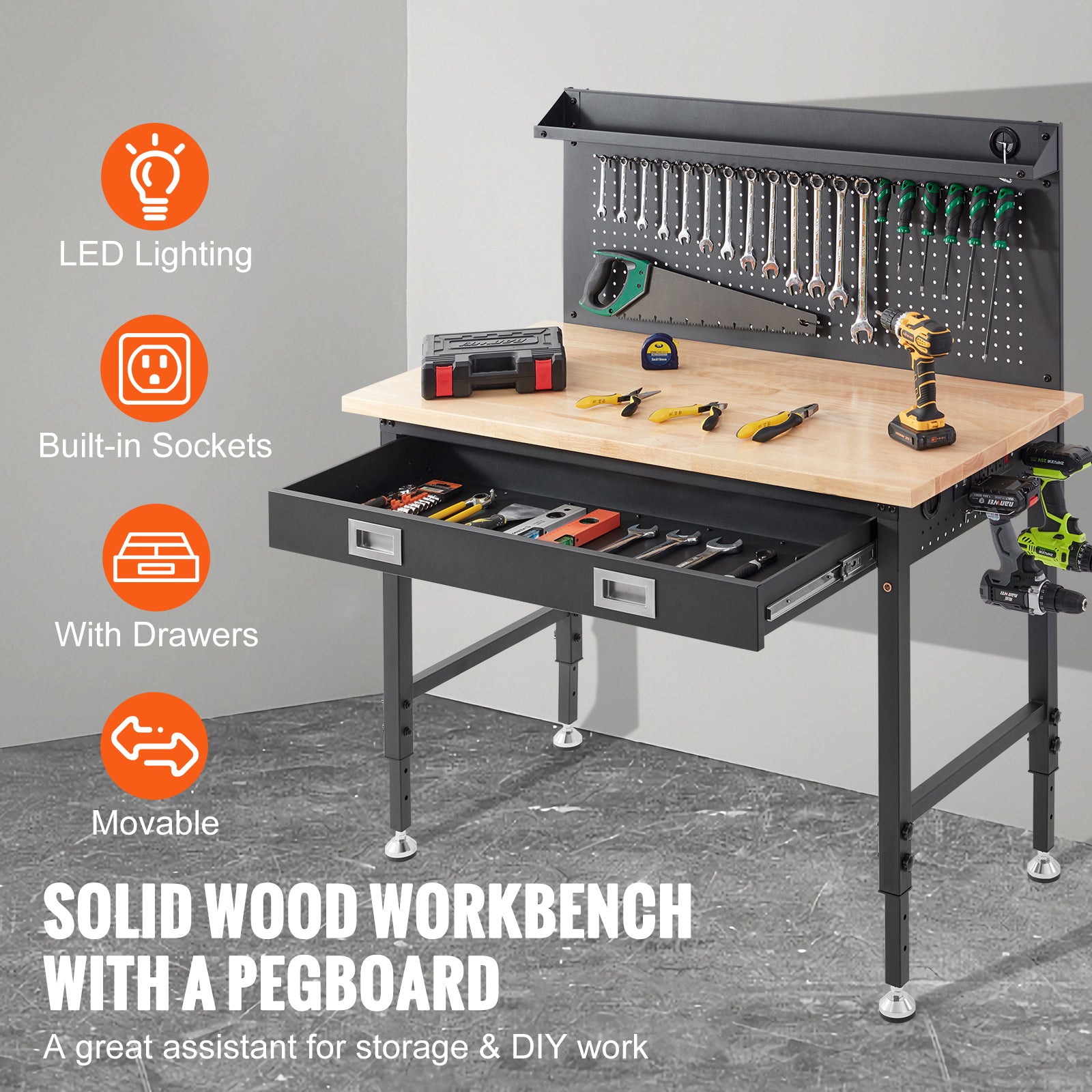 VEVOR Adjustable Height Hardwood Workbench with Power Outlets for workshop, garage, storage, or utility use