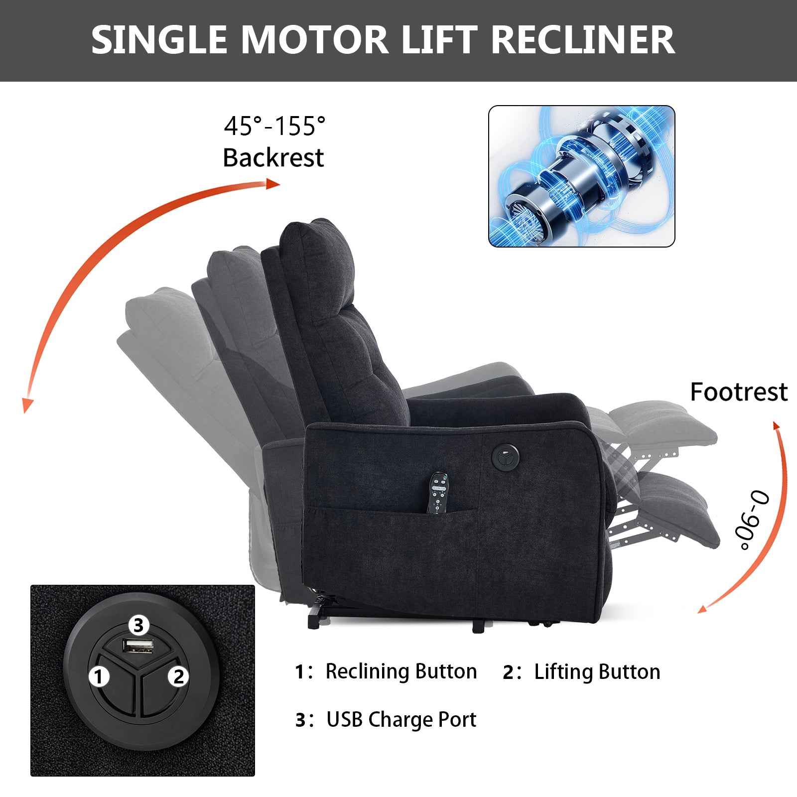 Chenille Single-Motor Power Lift Recliner with Massage & Heat detail image 58