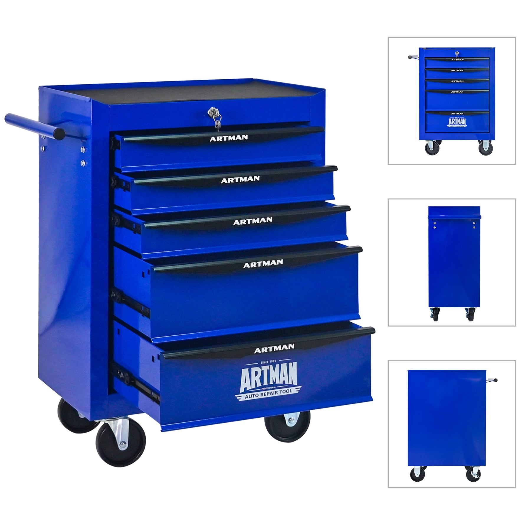 Rolling 5-Drawer Steel Tool Chest with Stainless Steel Top for workshop, garage, storage, or utility use