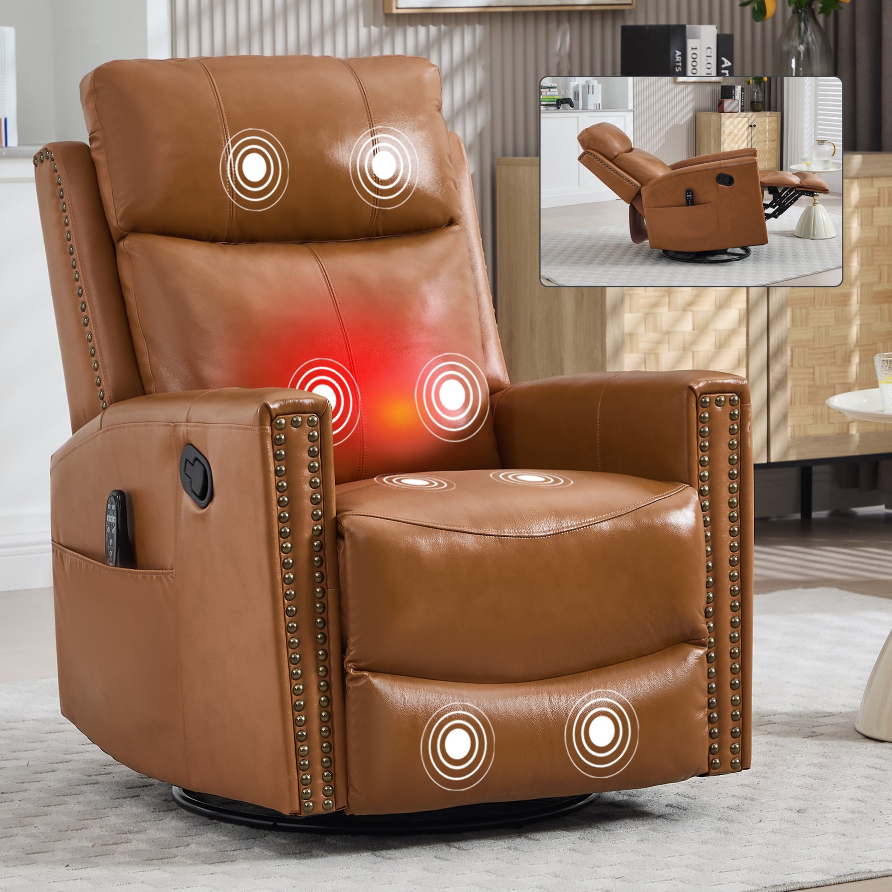 Genuine Leather Heat Massage Manual Recliner Chair with Rocker and Swivel for Living Room detail image 65