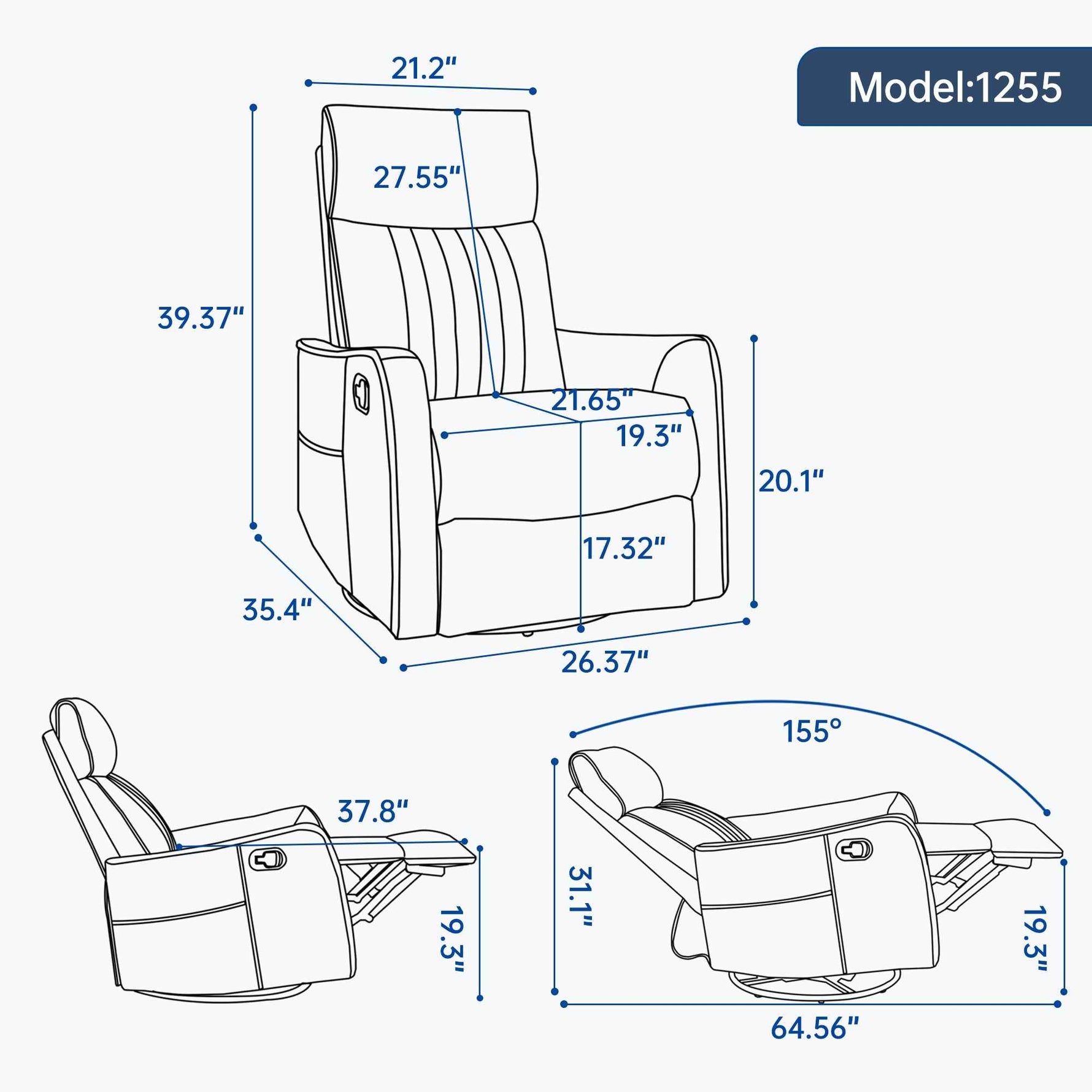 Faux Leather Heat Massage Manual Recliner Chair with Rocker and Swivel for Living Room detail image 3