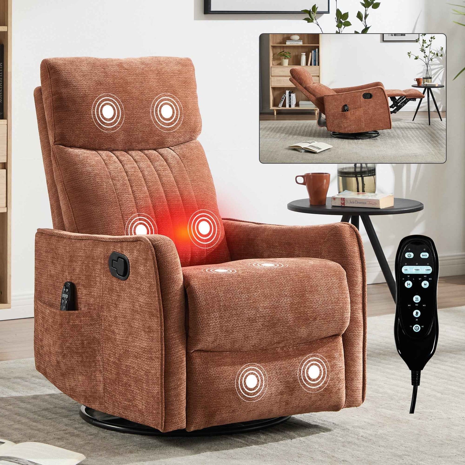 Heat Massage Manual Recliner Chair with Rocker and Swivel in Fabric for Living Room product image