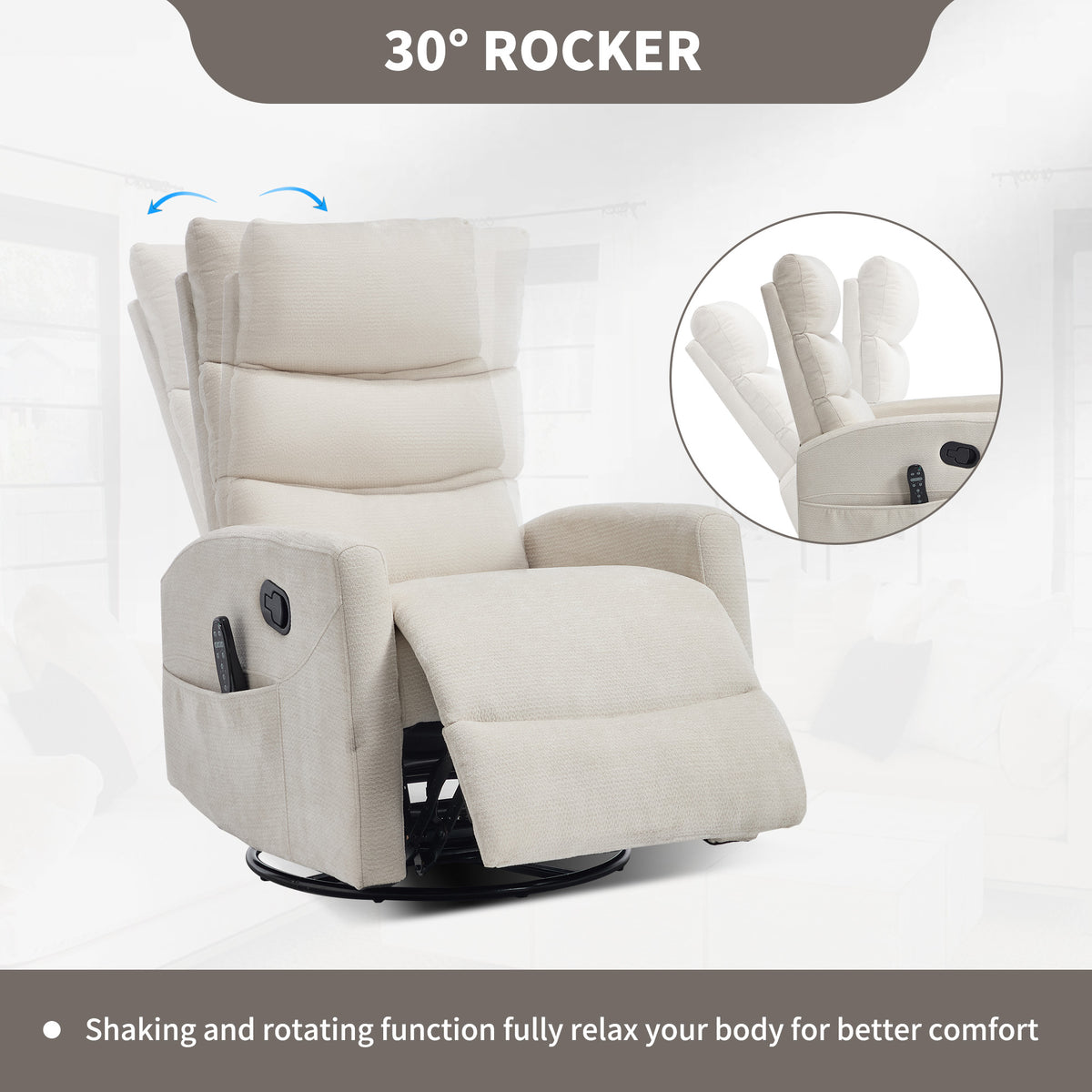 Heat Massage Manual Recliner Chair with Rocker and Swivel in Fabric for Living Room detail image 5
