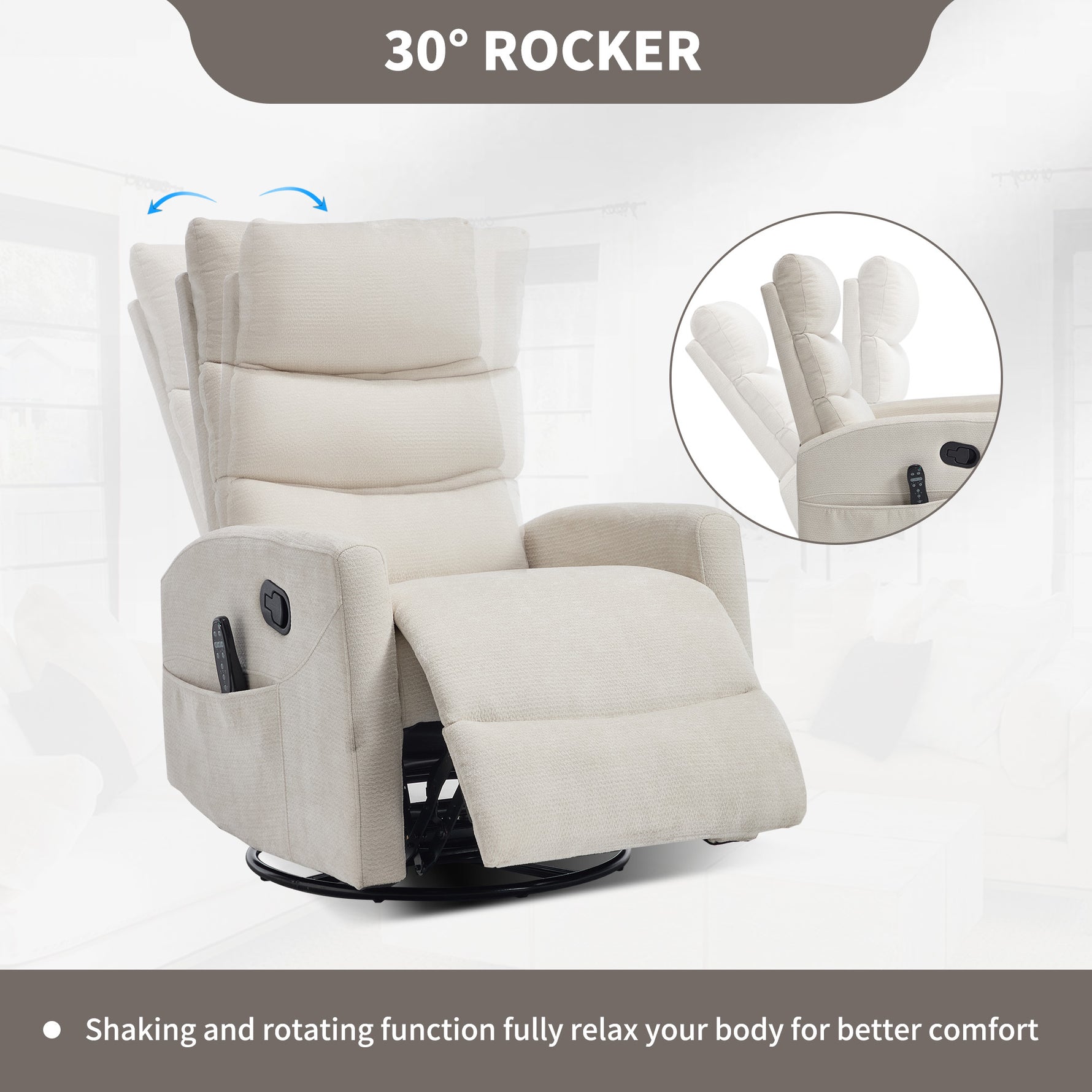 Heat Massage Manual Recliner Chair with Rocker and Swivel in Fabric for Living Room detail image 5