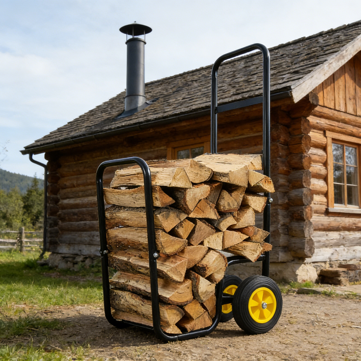 Rolling Steel Firewood Log Cart & Storage Rack for workshop, garage, storage, or utility use