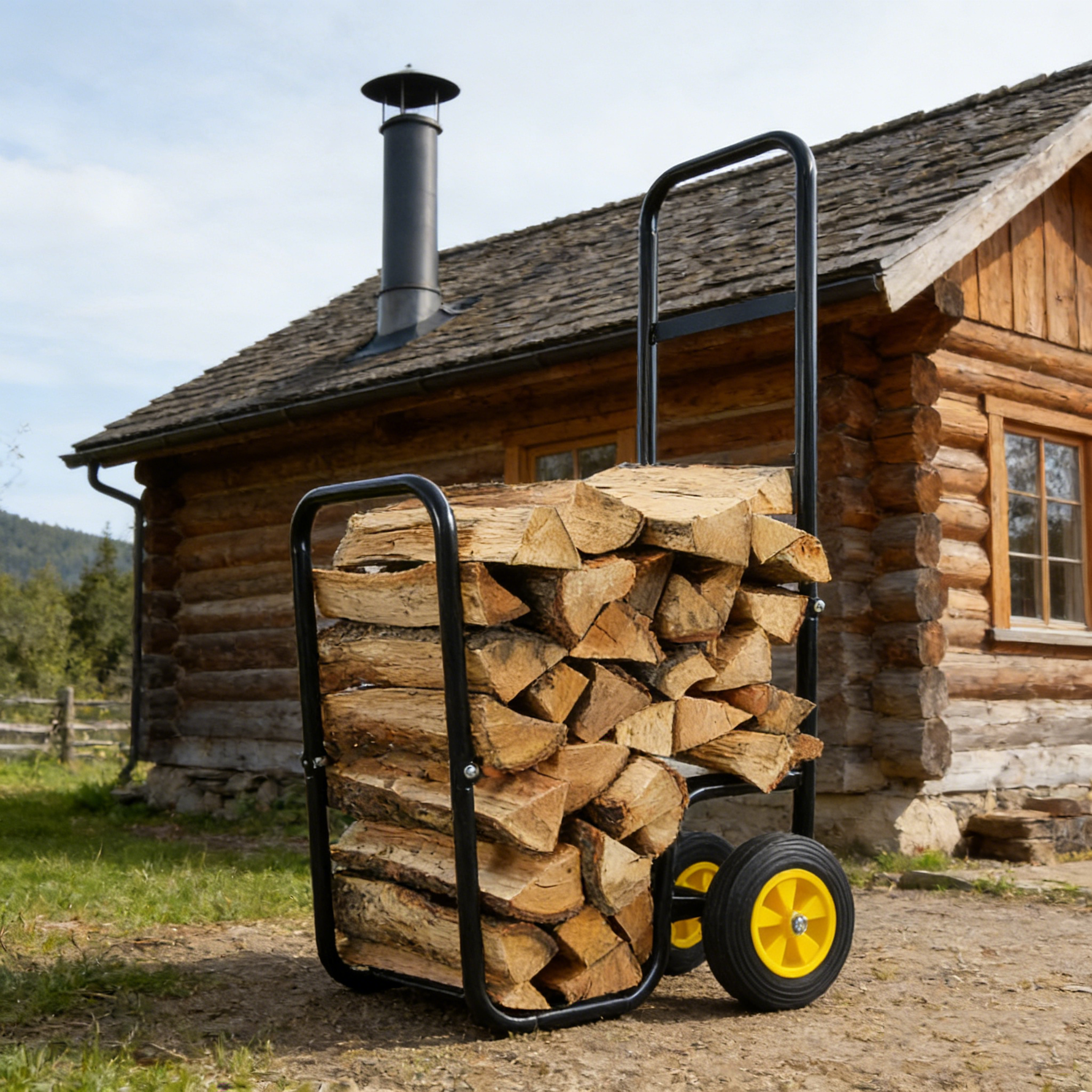 Rolling Steel Firewood Log Cart & Storage Rack for workshop, garage, storage, or utility use
