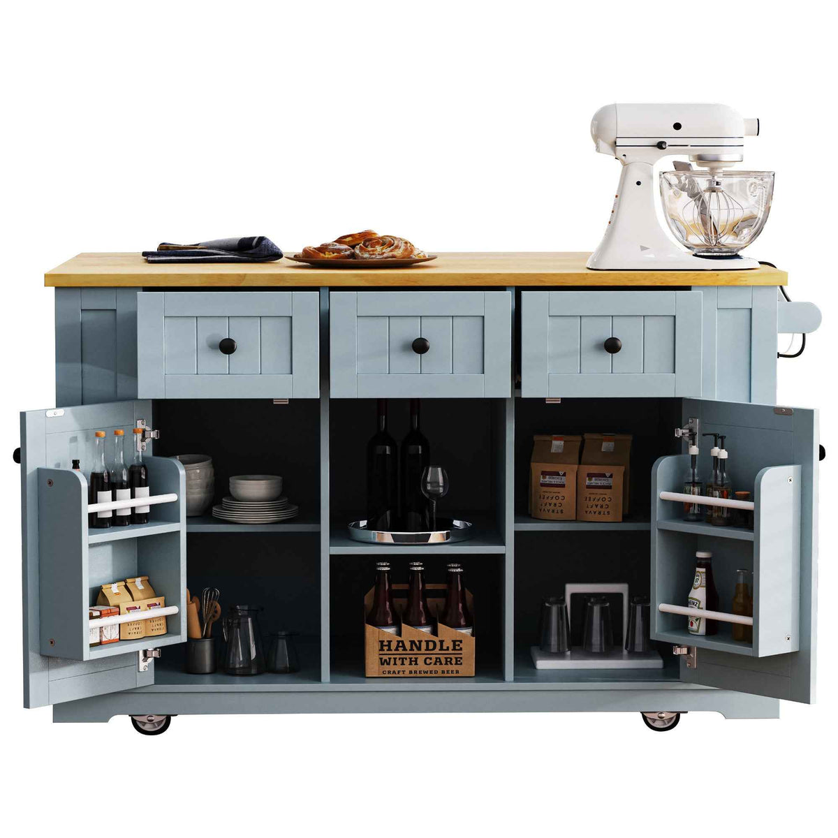 53 in. Farmhouse Kitchen Island with Power Outlet & Stools product view 93