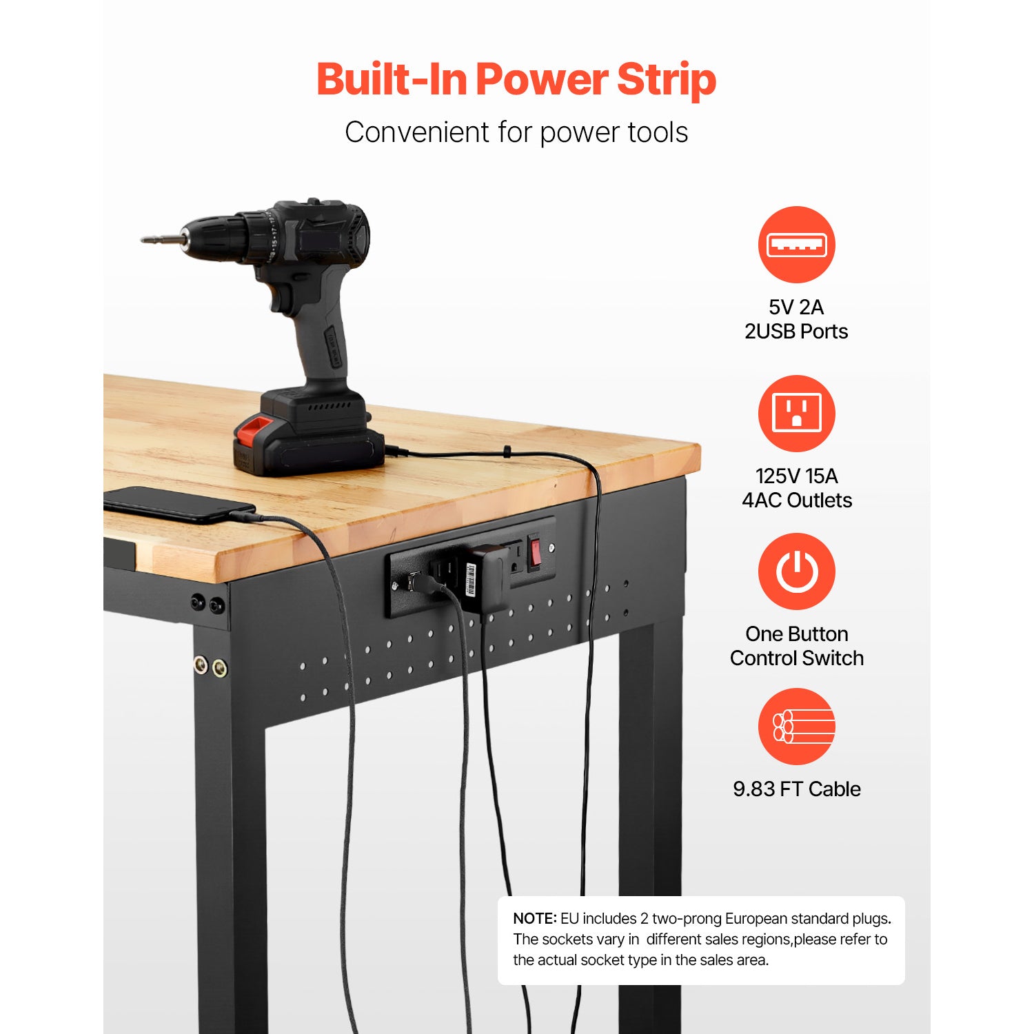 VEVOR Adjustable Height Hardwood Workbench with Power Outlets for workshop, garage, storage, or utility use