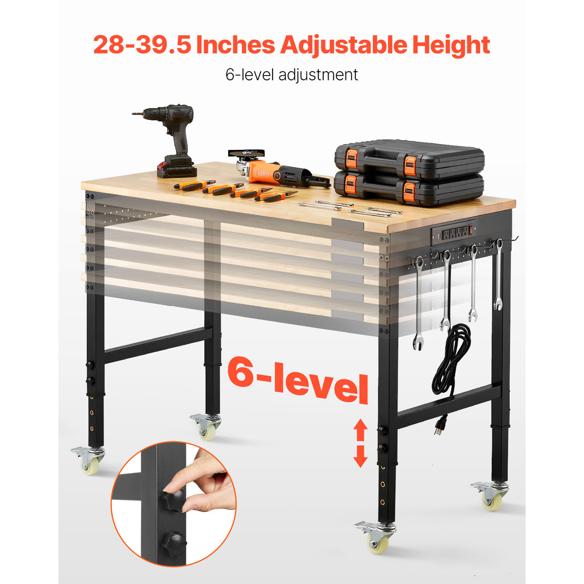 VEVOR Adjustable Height Hardwood Workbench with Power Outlets for workshop, garage, storage, or utility use