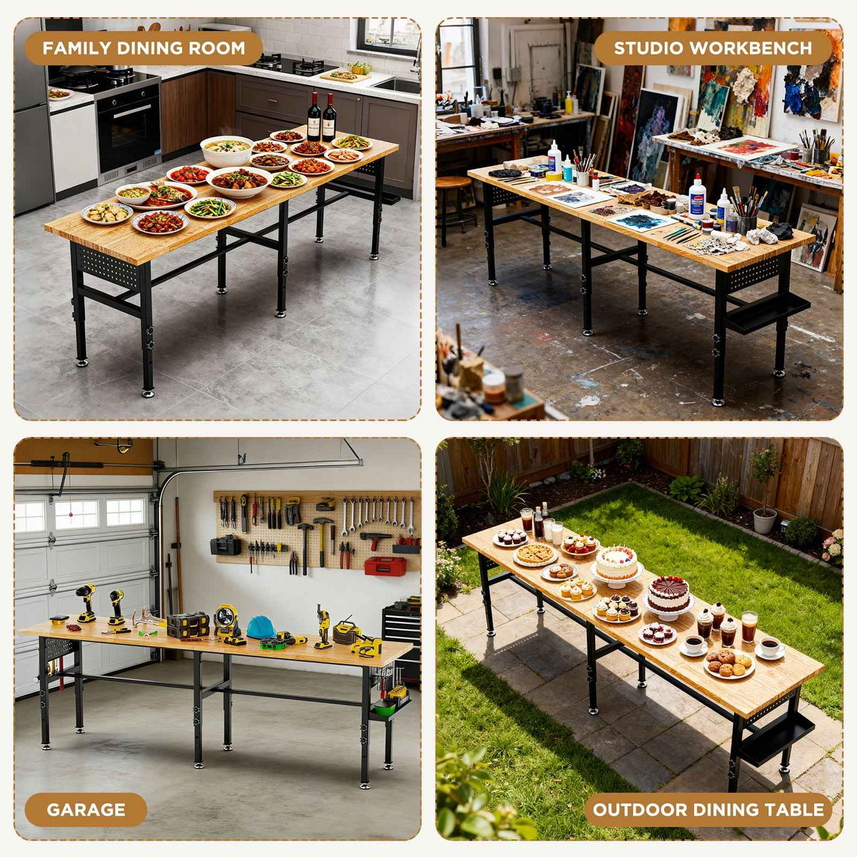 96" Adjustable Workbench with Pegboard & Power for workshop, garage, storage, or utility use