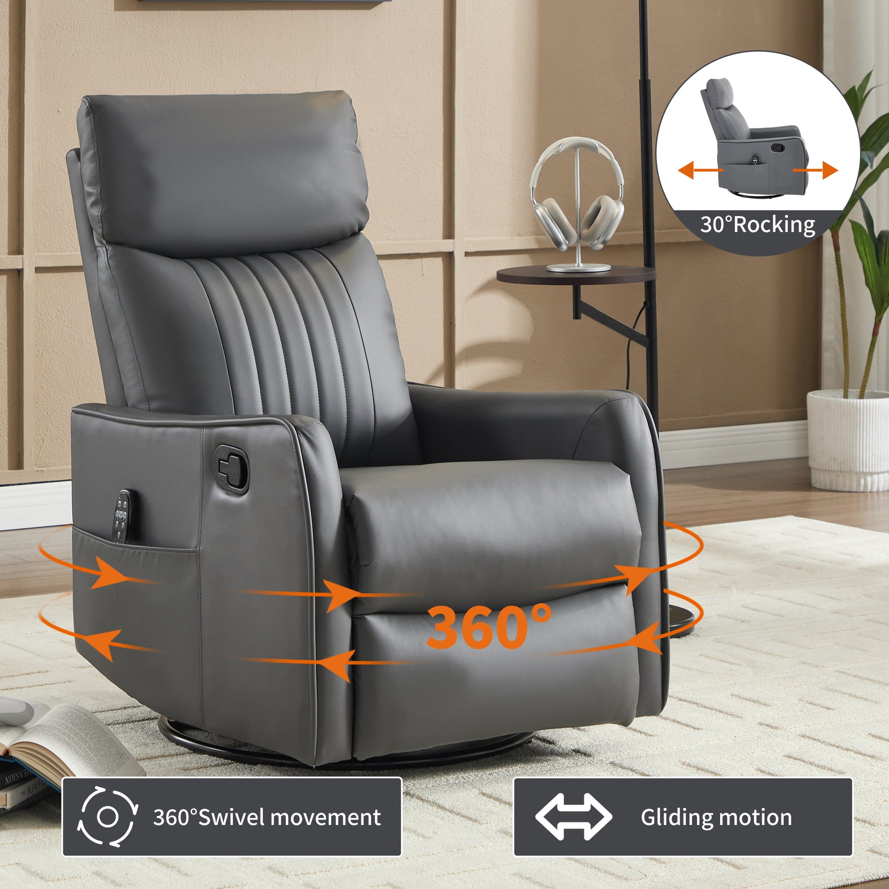 Faux Leather Heat & Massage Manual Rocker Swivel Recliner detail image 7