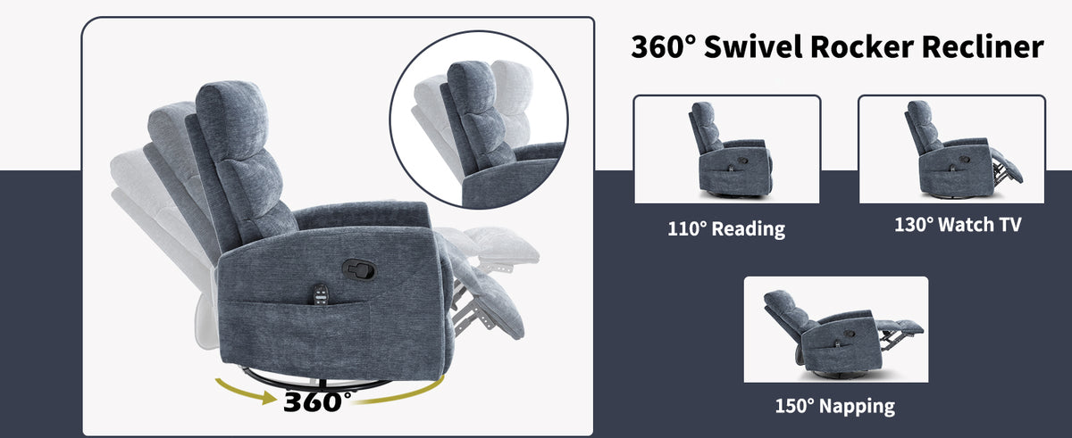 Heat Massage Manual Recliner Chair with Rocker and Swivel in Fabric for Living Room detail image 21