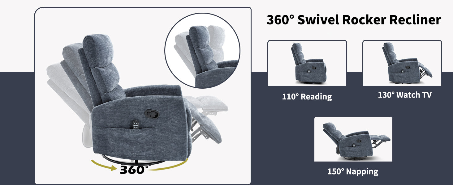 Heat Massage Manual Recliner Chair with Rocker and Swivel in Fabric for Living Room detail image 21