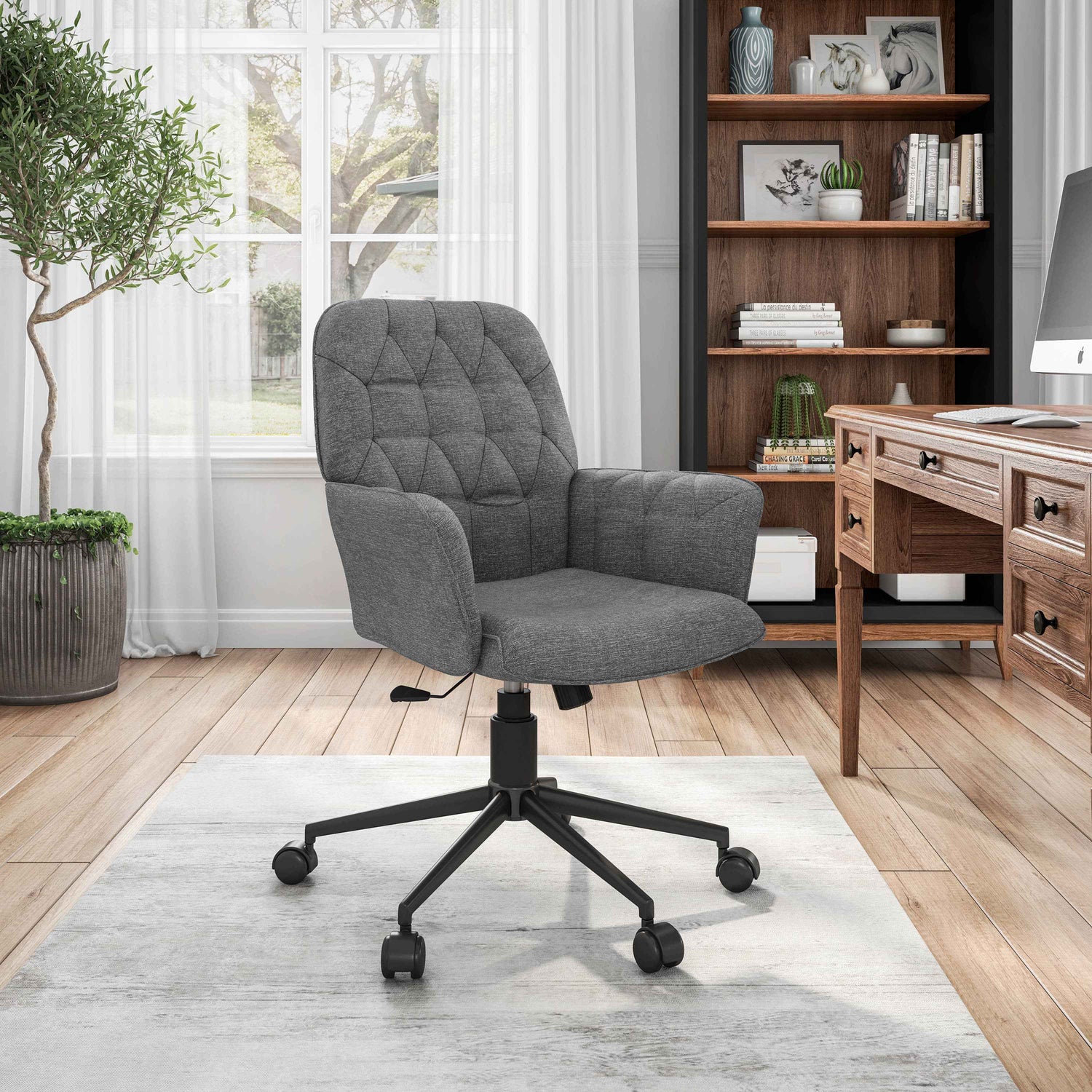 Techni Mobili Modern Upholstered Tufted Office Chair with Arms, Grey for home office seating