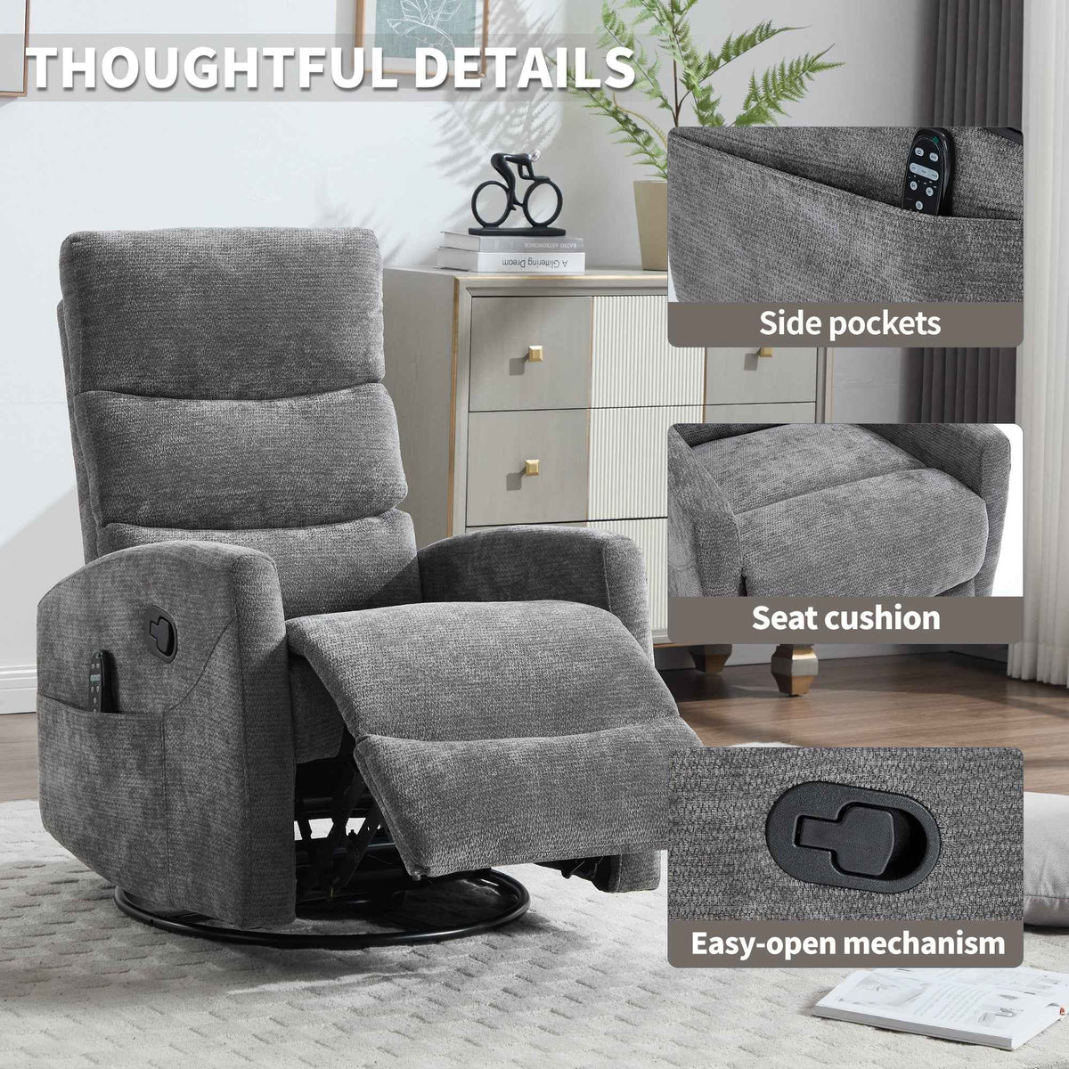 Heat Massage Manual Recliner Chair with Rocker and Swivel in Fabric for Living Room detail image 38