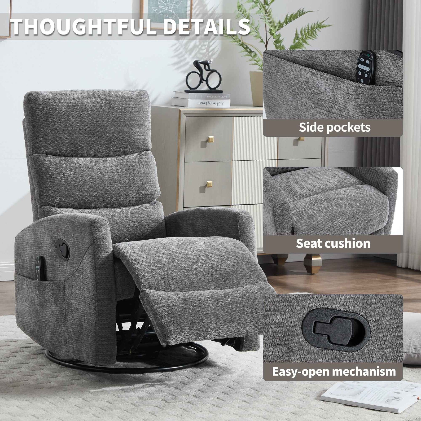 Heat Massage Manual Recliner Chair with Rocker and Swivel in Fabric for Living Room detail image 38