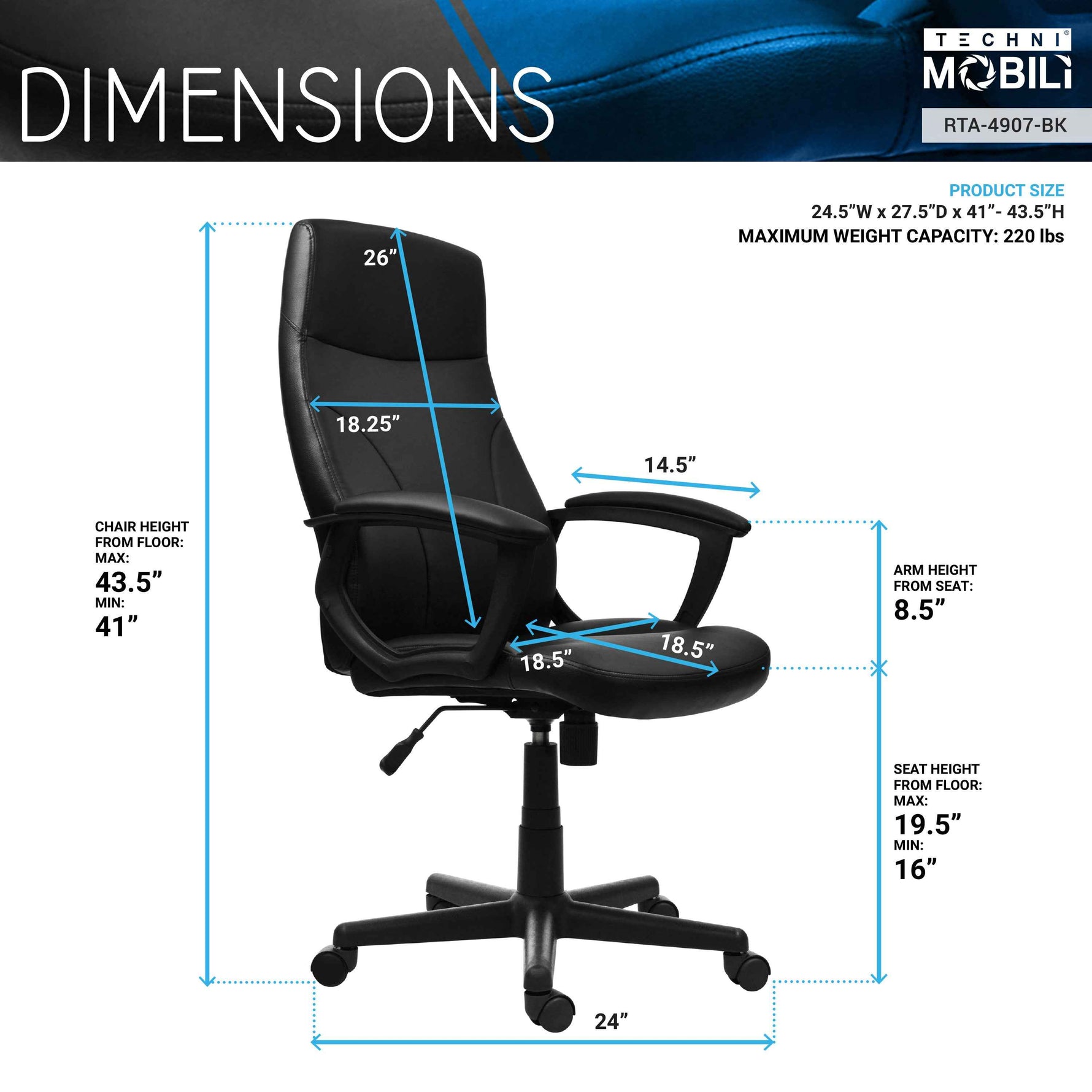 Techni Mobili Medium-Back Executive Chair, Black for home office seating