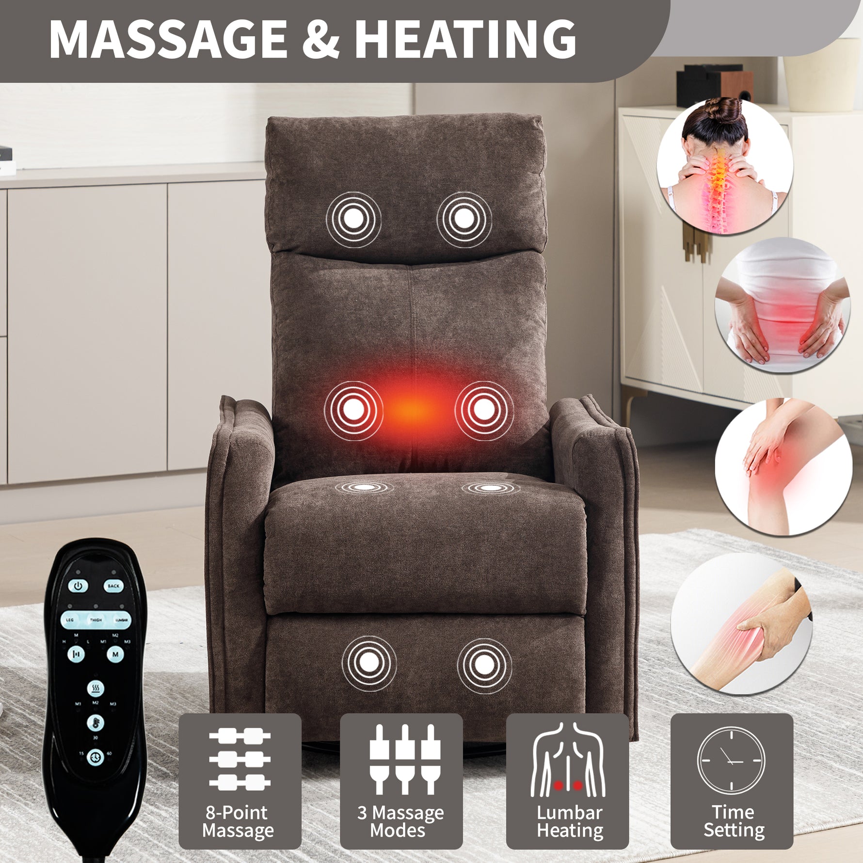 Heat Massage Manual Recliner Chair with Rocker and Swivel in Fabric for Living detail image 27