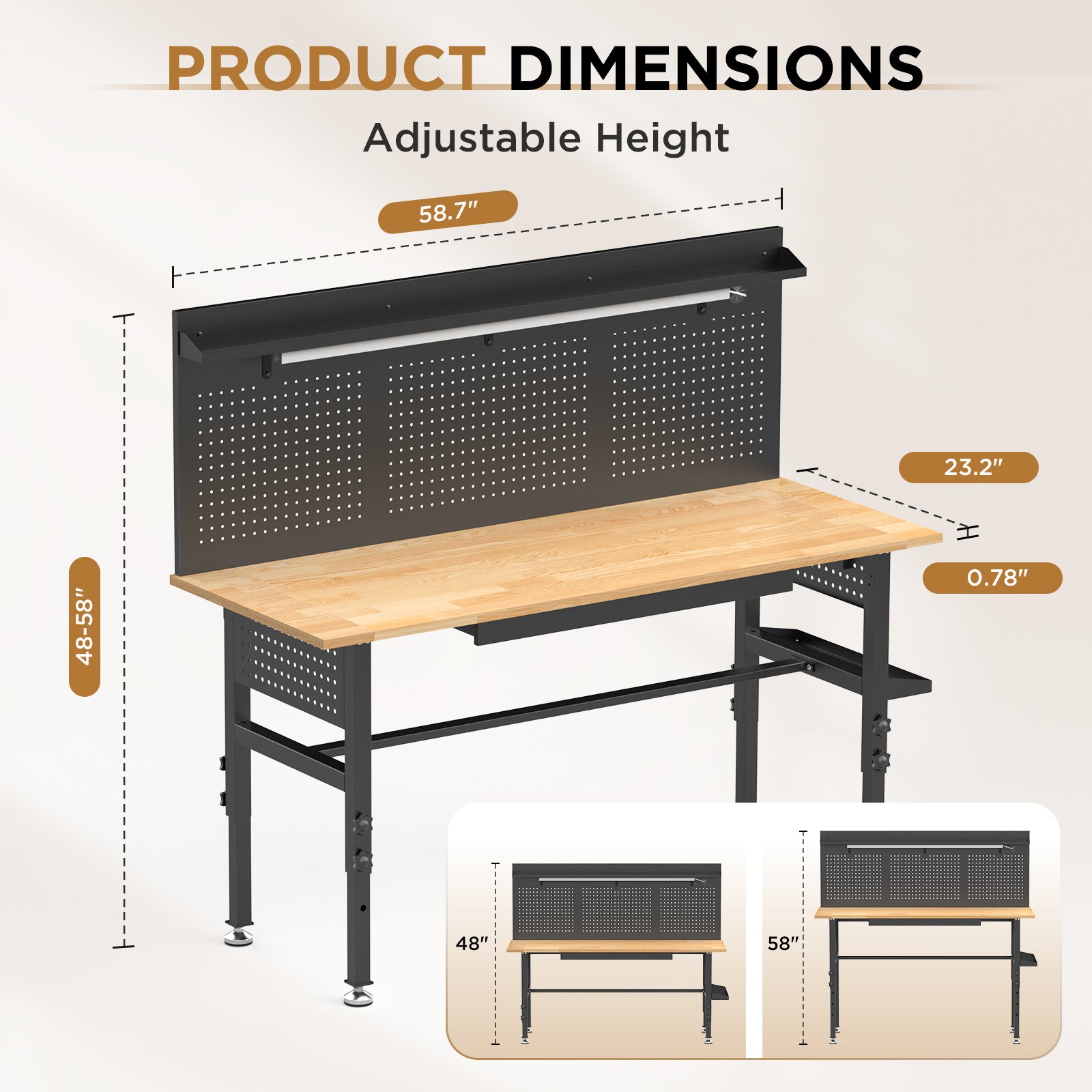 60" Adjustable-Height Workbench with Solid Wood Top for workshop, garage, storage, or utility use