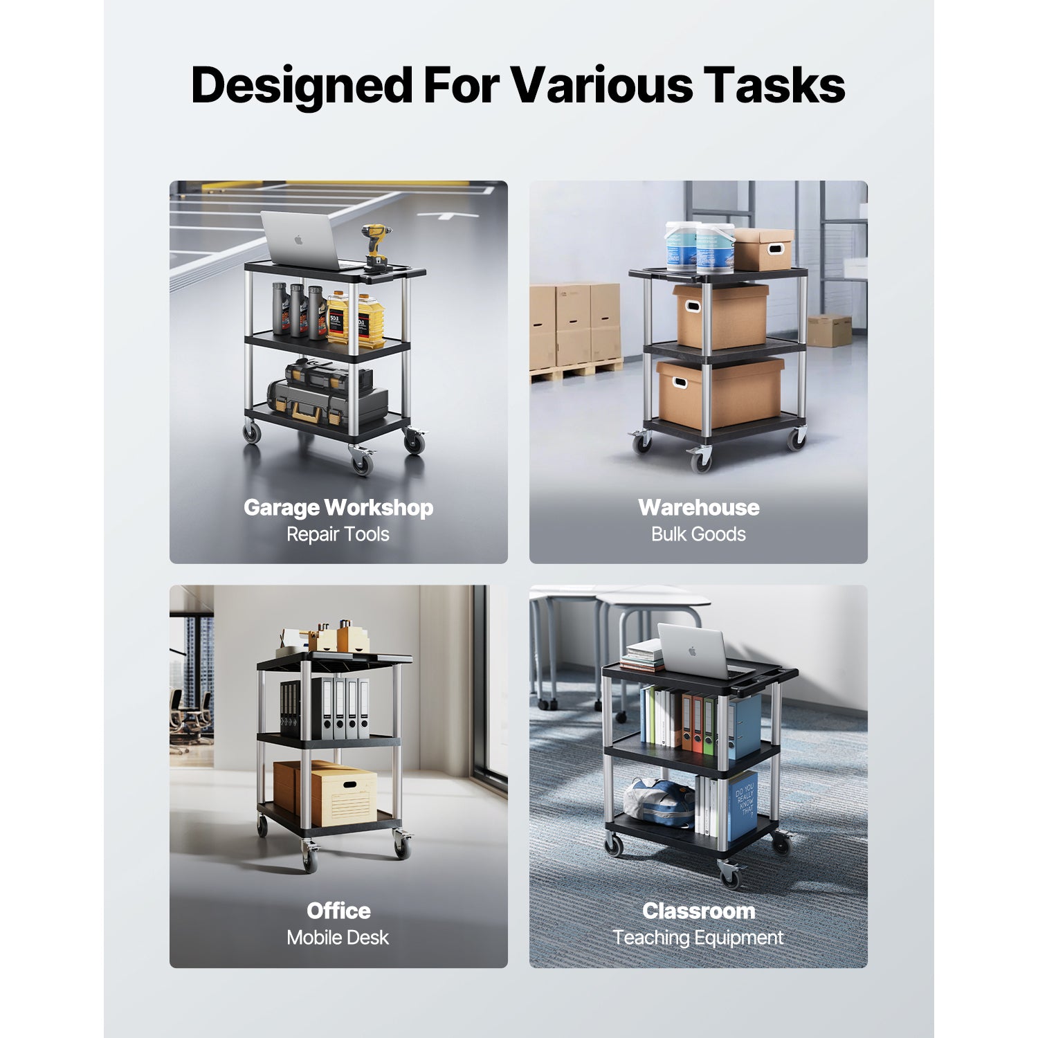 Heavy-Duty Rolling Utility Service Cart with 360° Swivel Wheels for workshop, garage, storage, or utility use