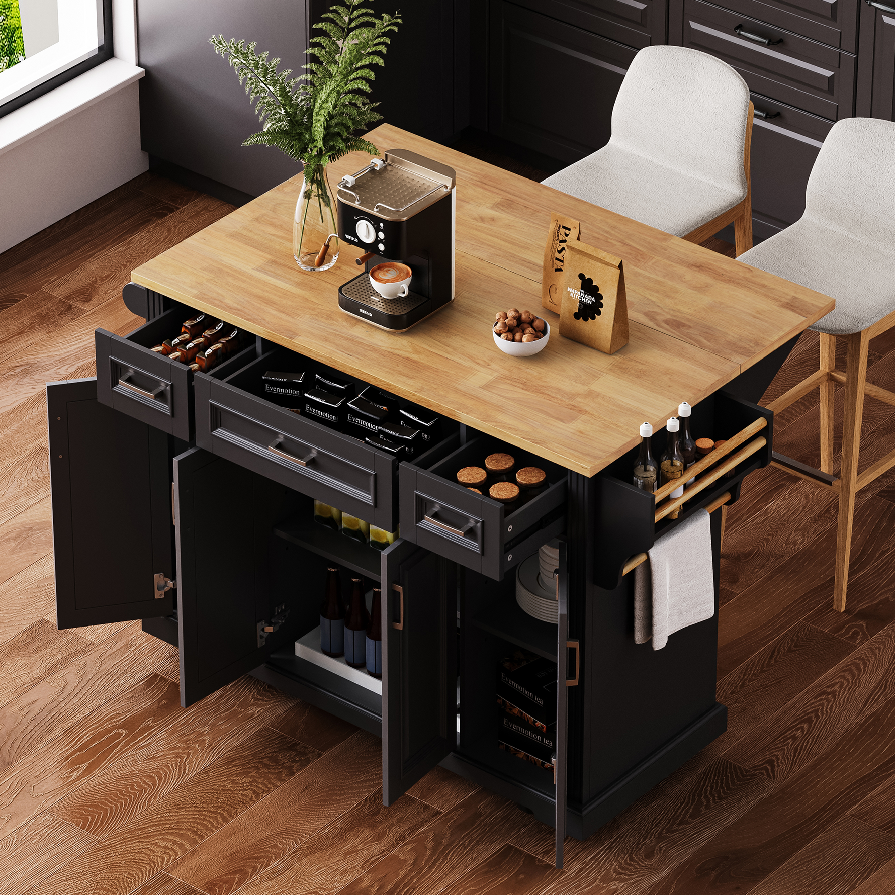 54 in. Rolling Kitchen Island with Drop Leaf & Storage product view 36