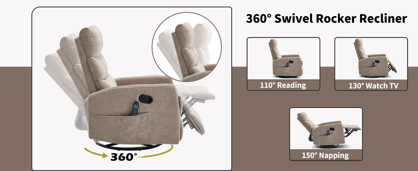 Heat Massage Manual Recliner Chair with Rocker and Swivel in Fabric for Living Room detail image 22