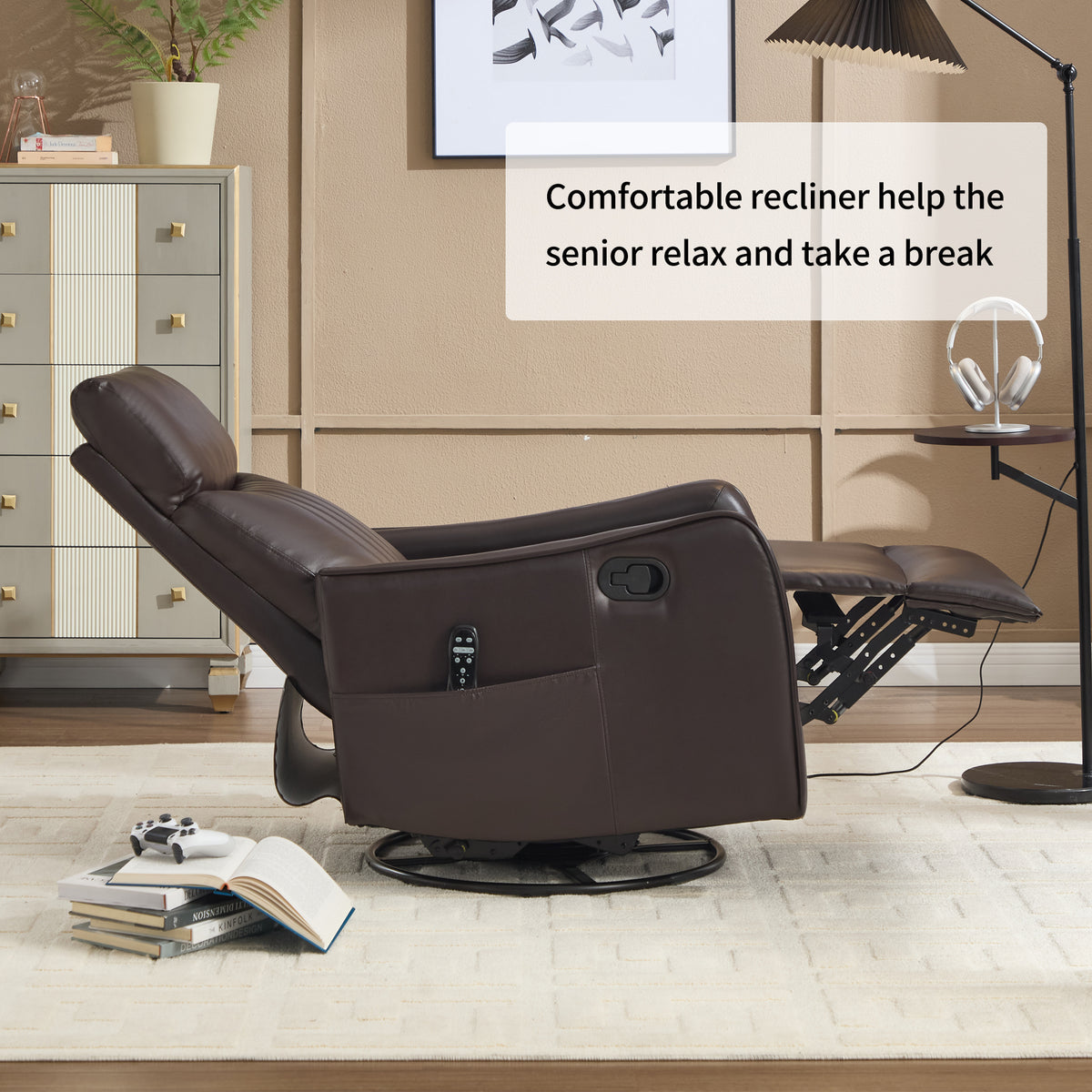 Faux Leather Heat Massage Manual Recliner Chair with Rocker and Swivel for Living Room detail image 29