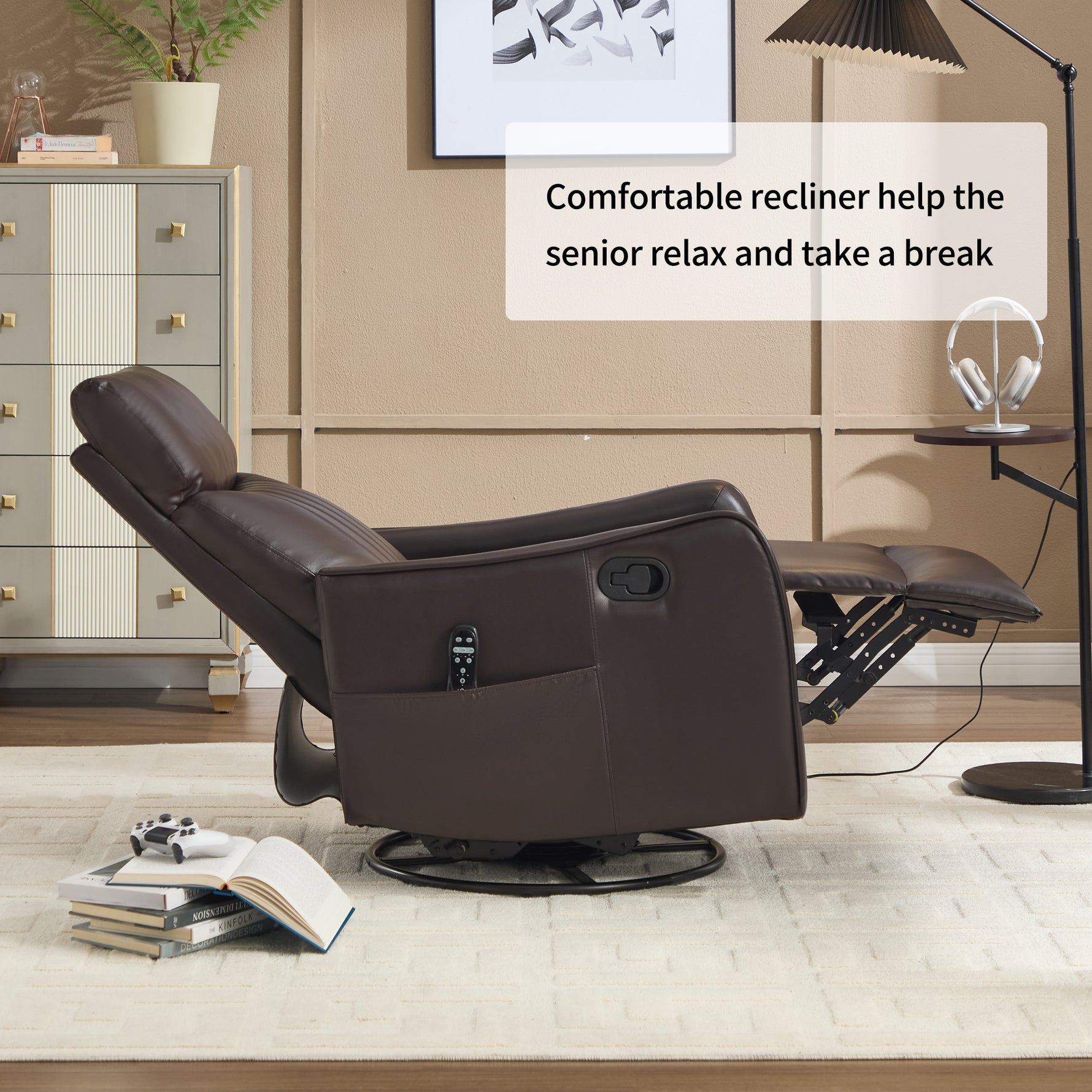 Faux Leather Heat Massage Manual Recliner Chair with Rocker and Swivel for Living Room detail image 29