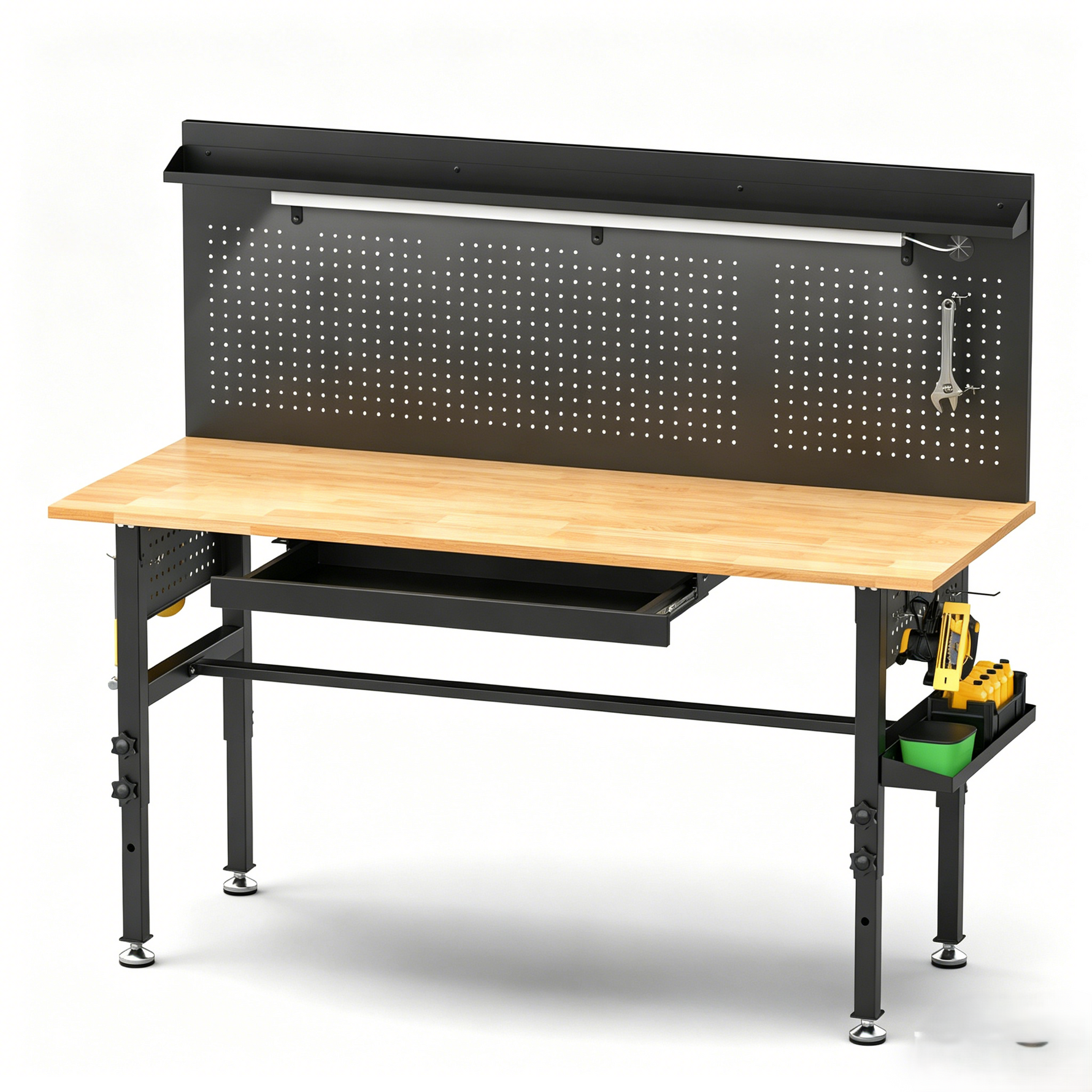 60" Adjustable-Height Workbench with Solid Wood Top for workshop, garage, storage, or utility use