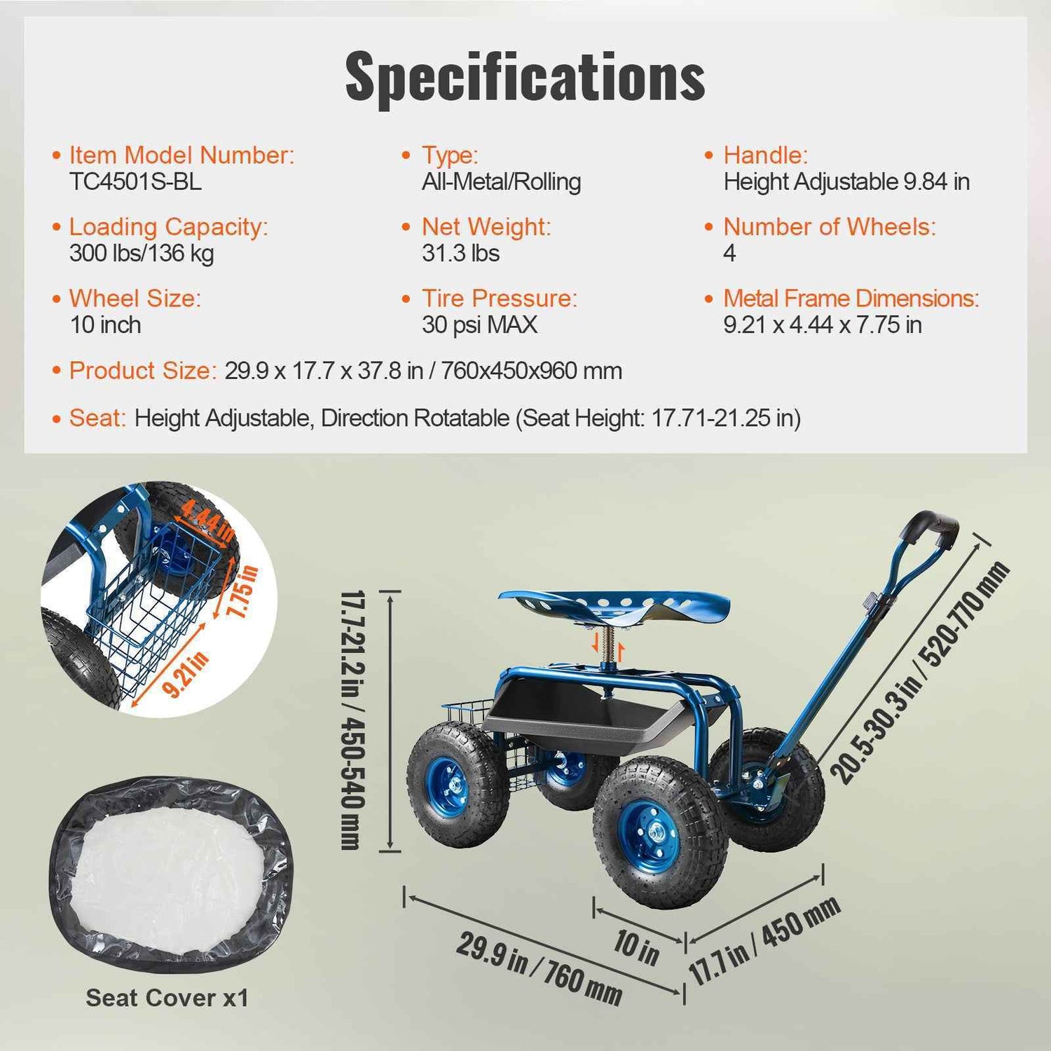 Rolling Garden Workseat with 360° Swivel Seat for workshop, garage, storage, or utility use