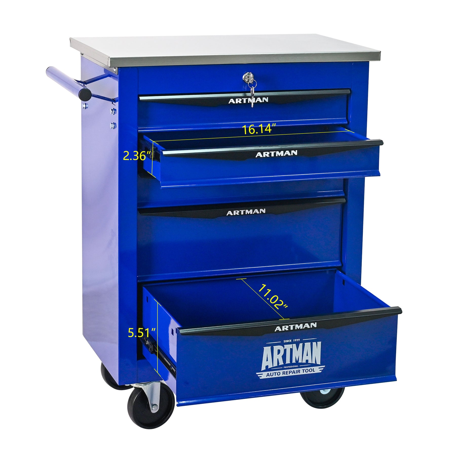 Rolling 5-Drawer Steel Tool Chest with Stainless Steel Top for workshop, garage, storage, or utility use