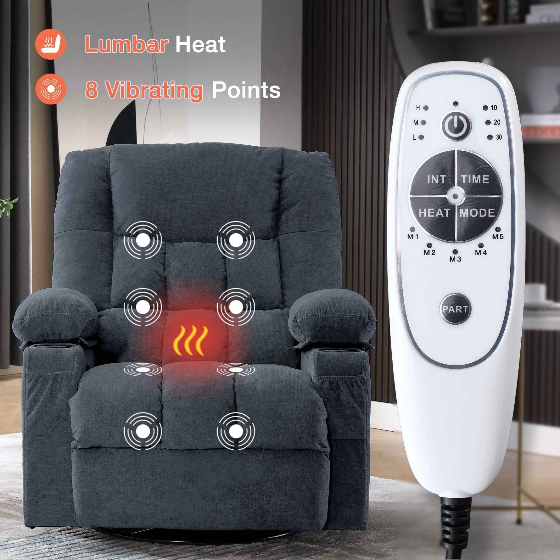 Massage Swivel Rocker Recliner with Vibration, Heat & Ergonomic Lounge Support detail image 3