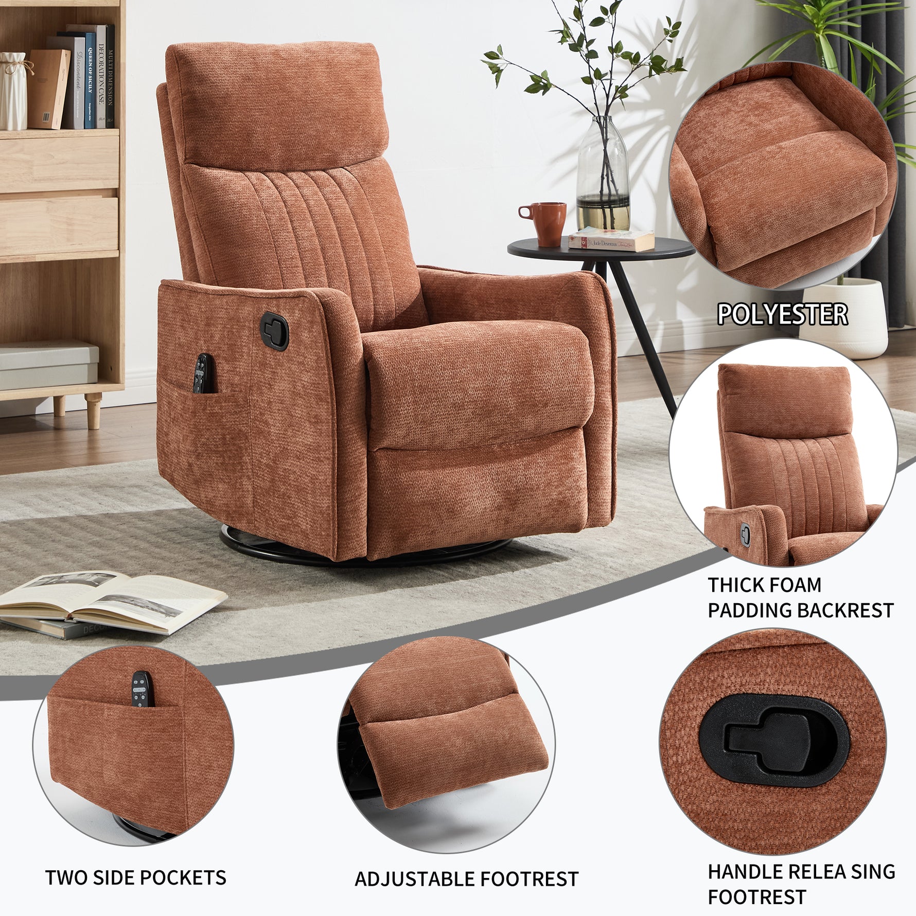 Heat Massage Manual Recliner Chair with Rocker and Swivel in Fabric for Living Room detail image 10