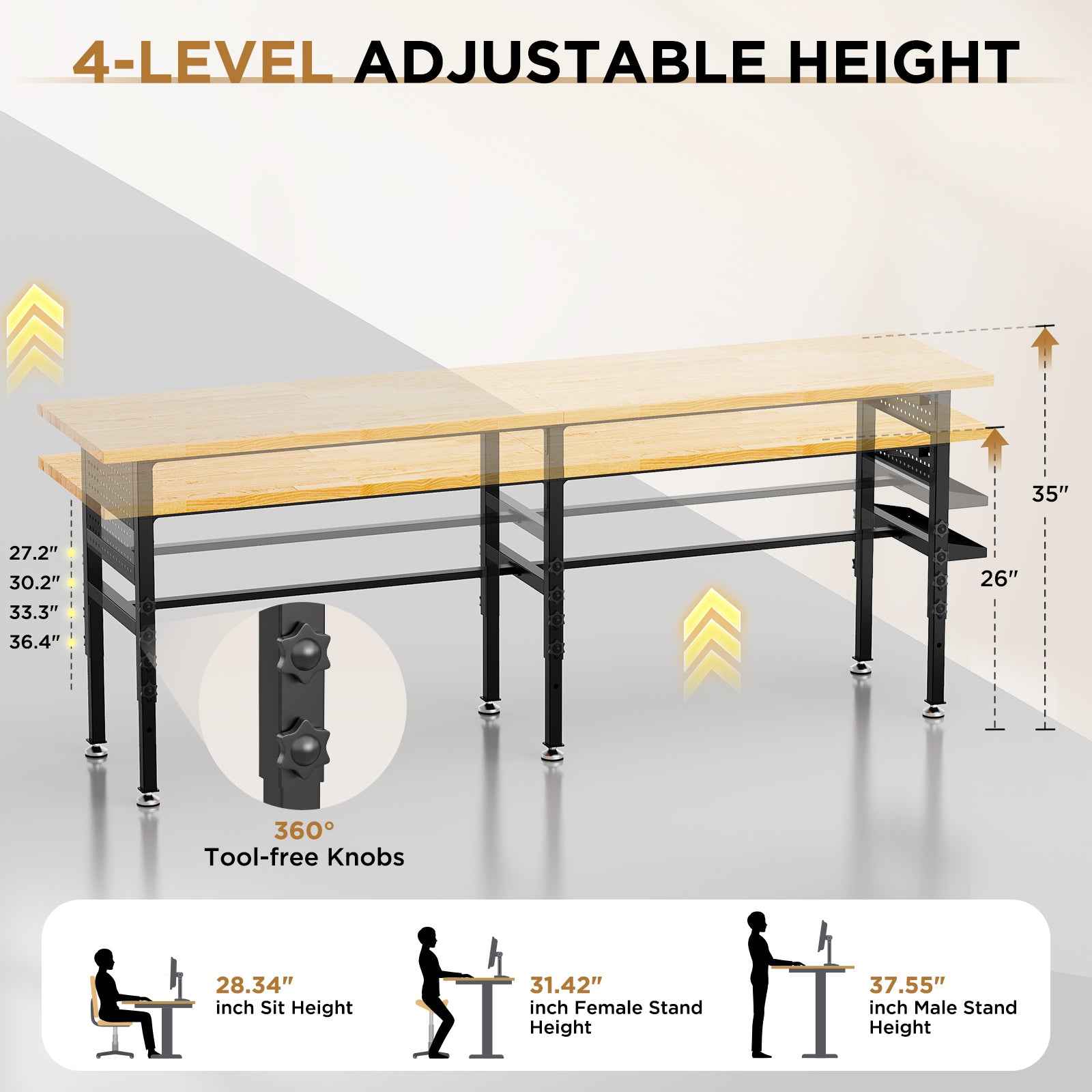 96" Adjustable Workbench with Pegboard & Power for workshop, garage, storage, or utility use