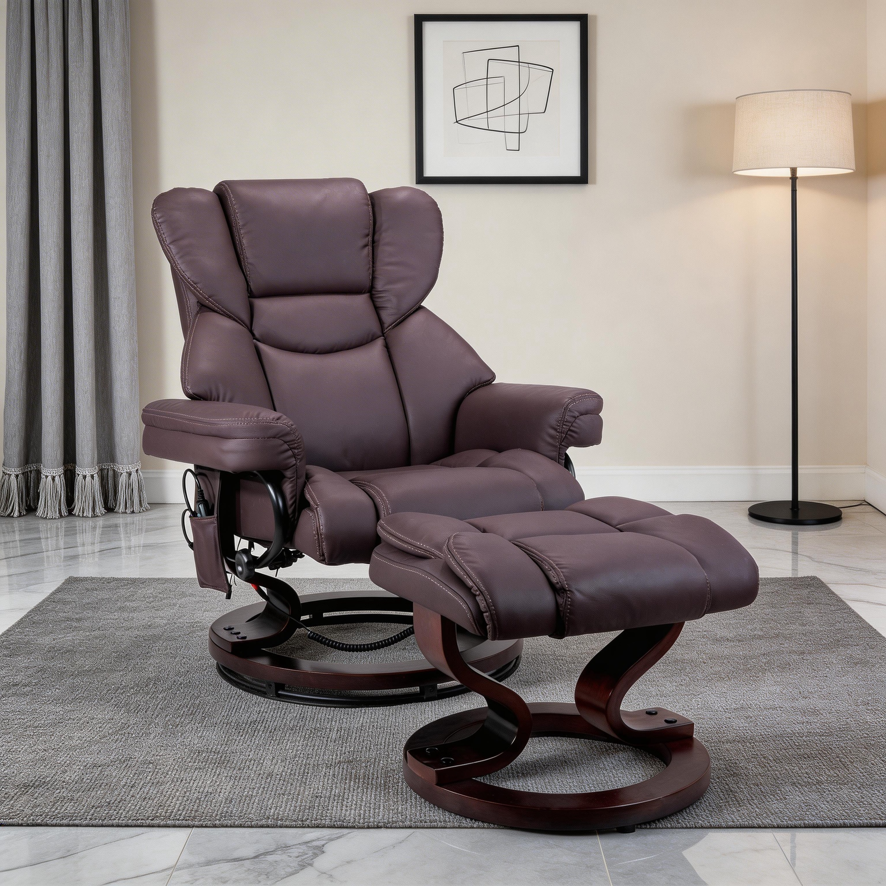 8-Point Massage Recliner with Ottoman, Heated Reclining Chair, Bent Wood Base detail image 19