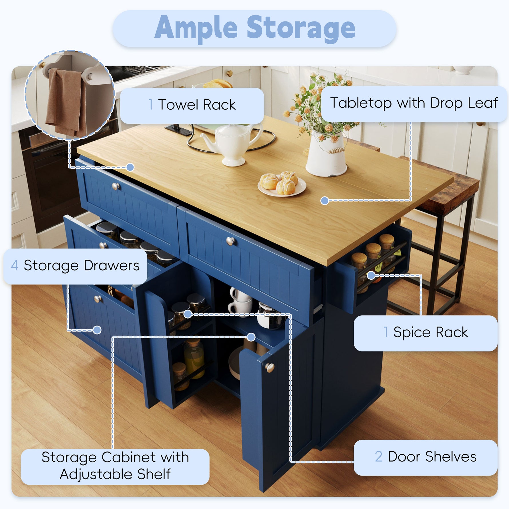 Farmhouse Kitchen Island with Drop Leaf, Power Outlet & 2 Seats product view 64