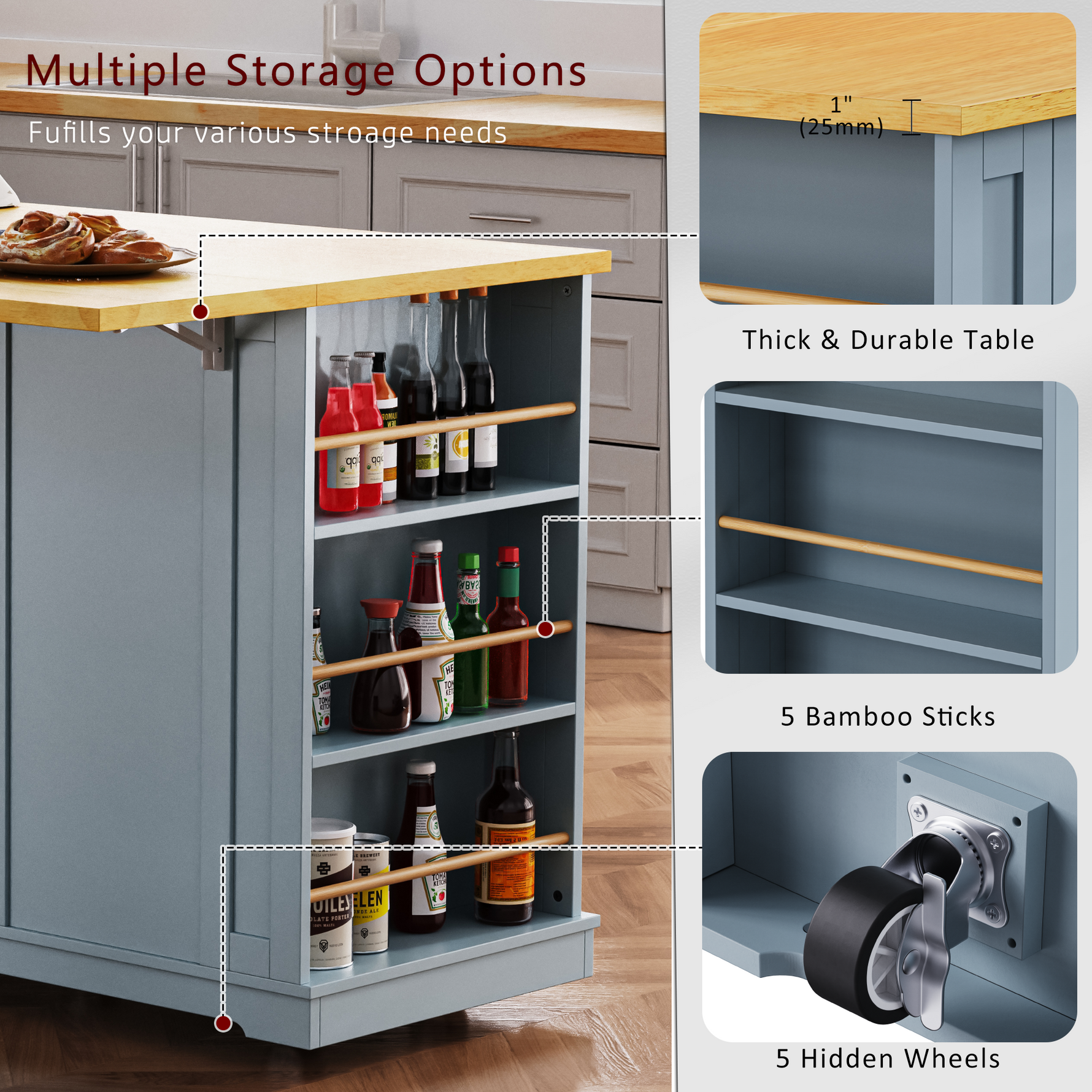 53 in. Farmhouse Kitchen Island with Power Outlet & Stools product view 64