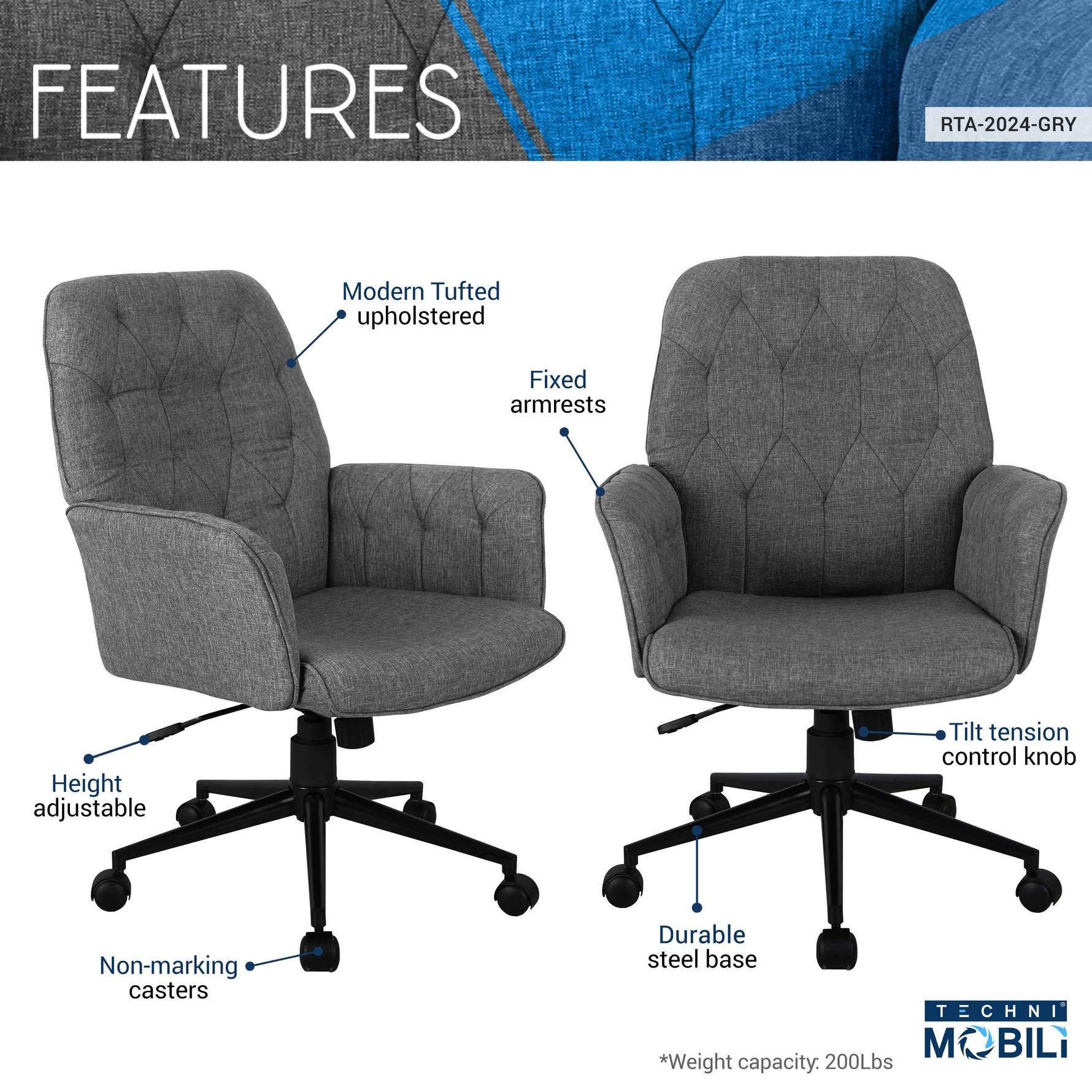 Techni Mobili Modern Upholstered Tufted Office Chair with Arms, Grey for home office seating