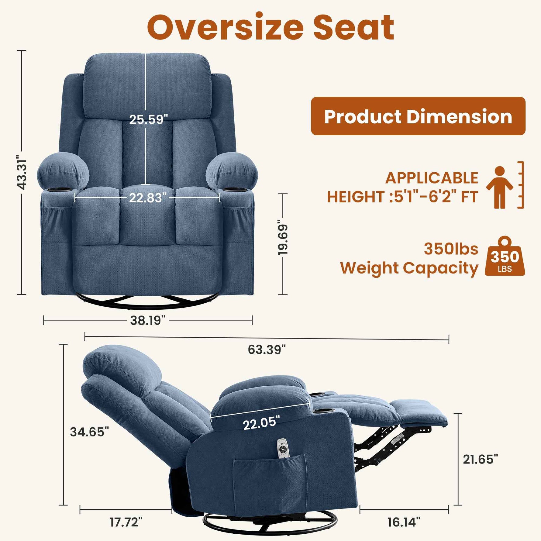 Swivel Rocker Recliner Chair with Vibration Massage, Heat, USB Port and Cup Holderrs detail image 15