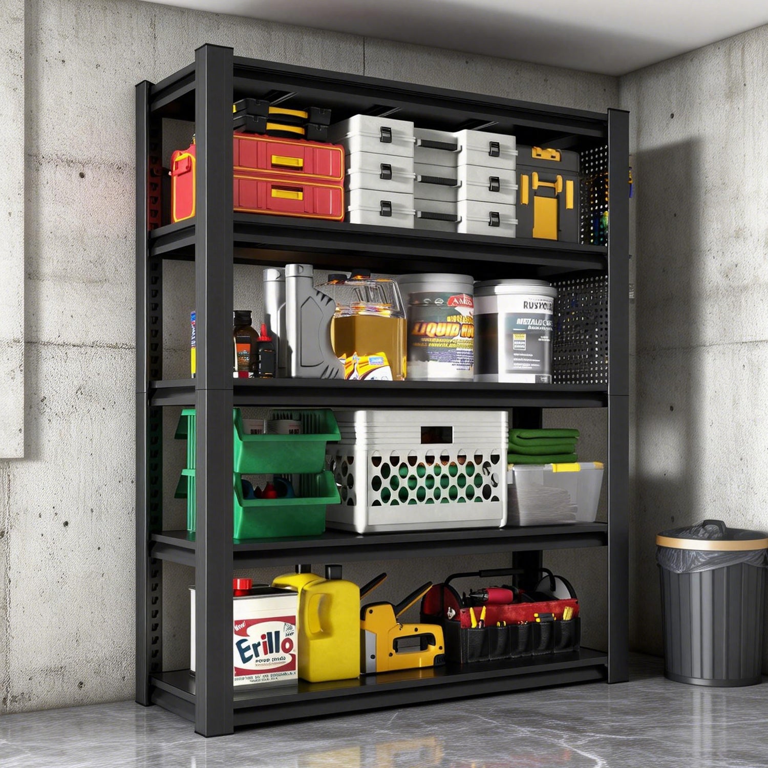 Industrial Heavy-Duty Metal 5-Tier Adjustable Shelving Unit with Pegboard for workshop, garage, storage, or utility use