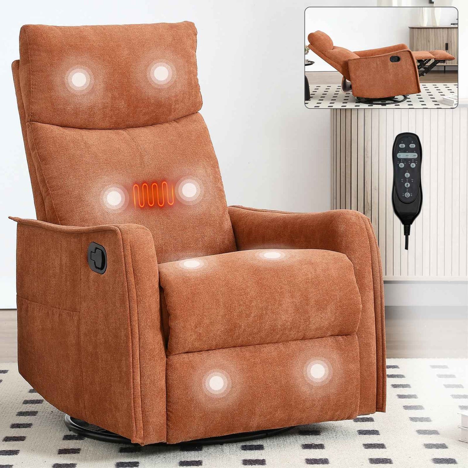 Heat Massage Manual Recliner Chair with Rocker and Swivel in Fabric for Living Room product image