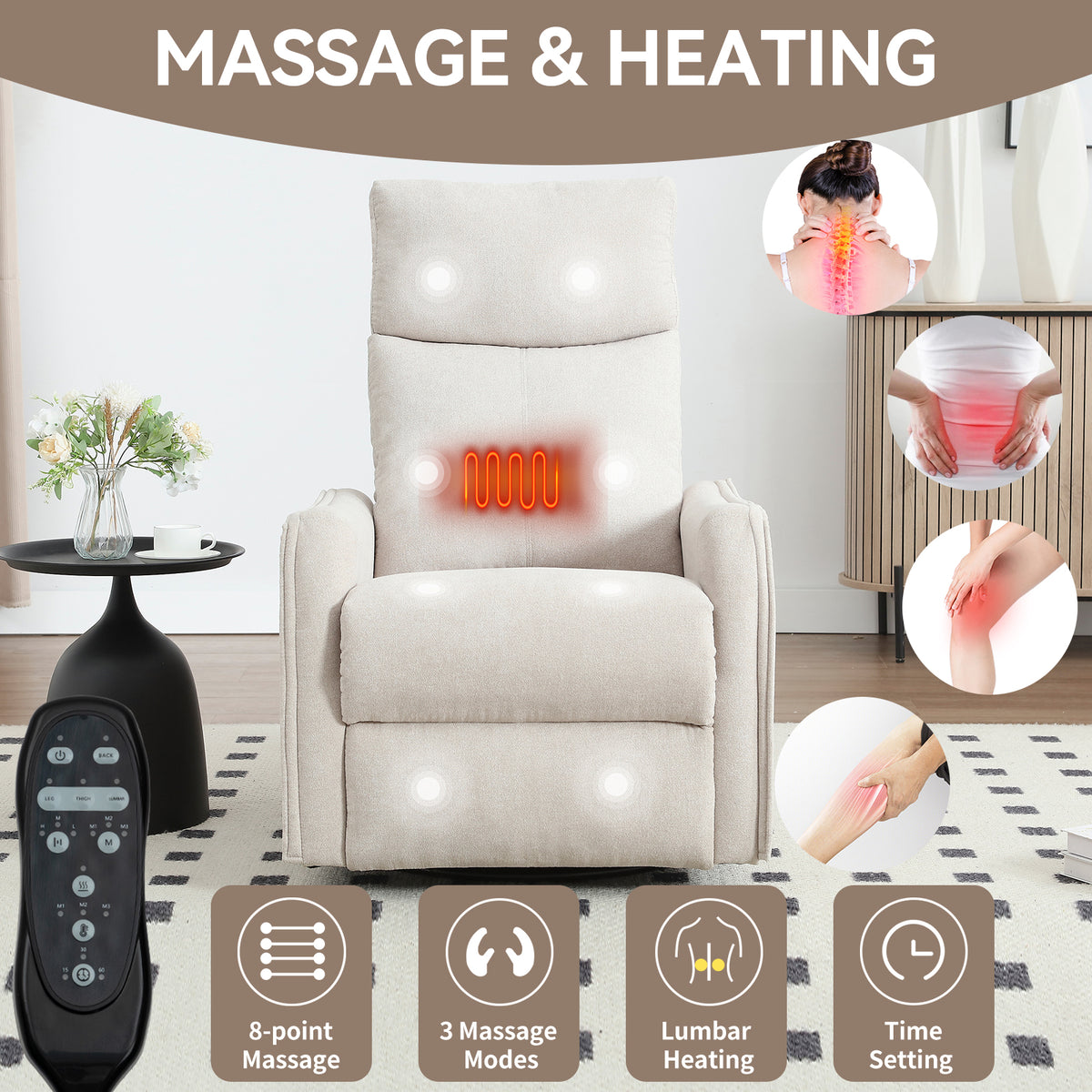 Heat Massage Manual Recliner Chair with Rocker and Swivel in Fabric for Living Room detail image 46