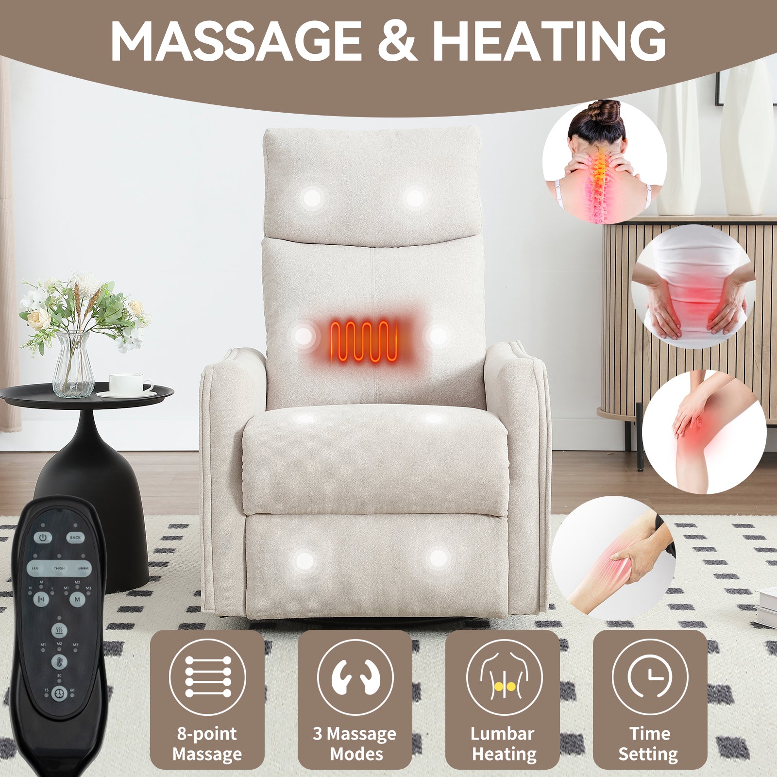 Heat Massage Manual Recliner Chair with Rocker and Swivel in Fabric for Living Room detail image 46