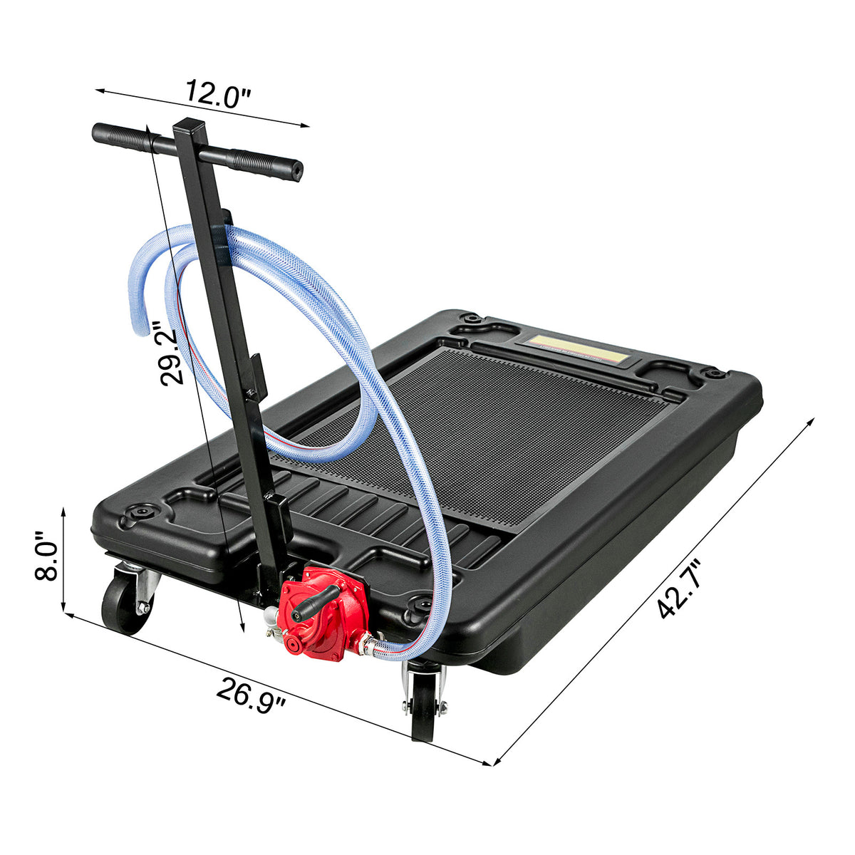 Low-Profile Rolling Oil Drain Pan with Manual Pump for workshop, garage, storage, or utility use