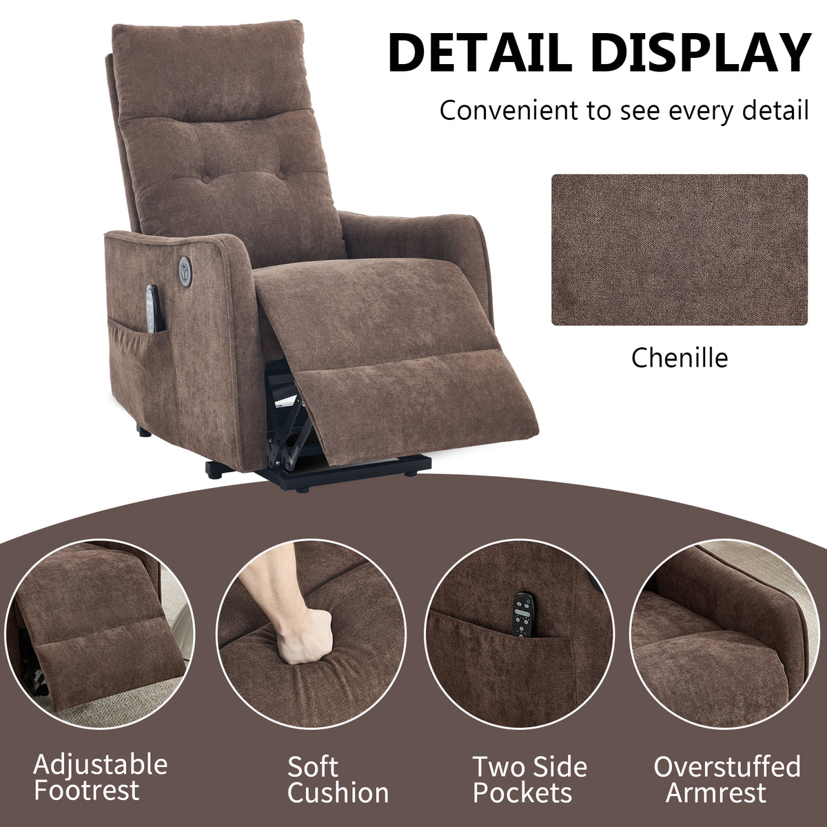 Chenille Single-Motor Power Lift Recliner with Massage & Heat detail image 26