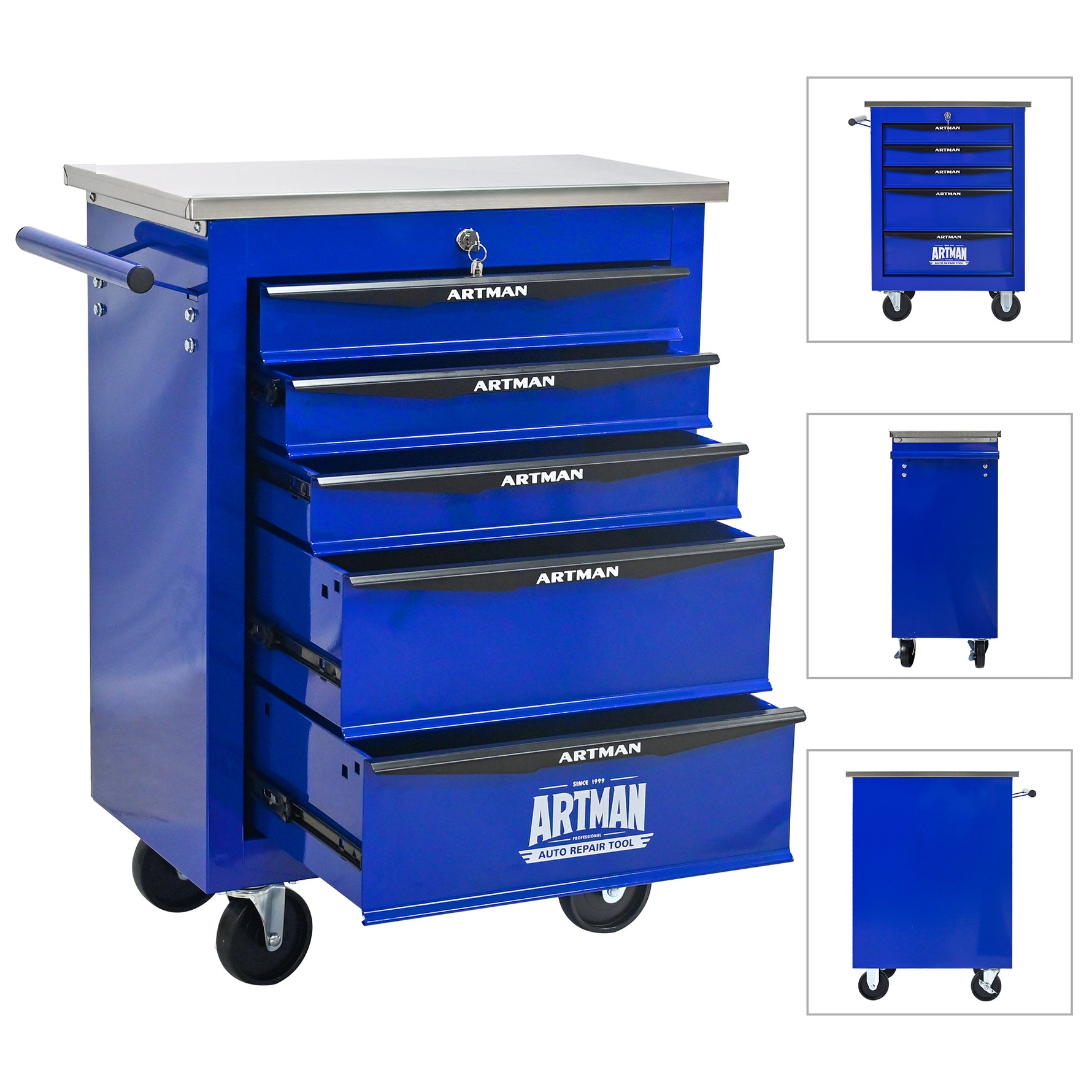 Rolling 5-Drawer Steel Tool Chest with Stainless Steel Top for workshop, garage, storage, or utility use