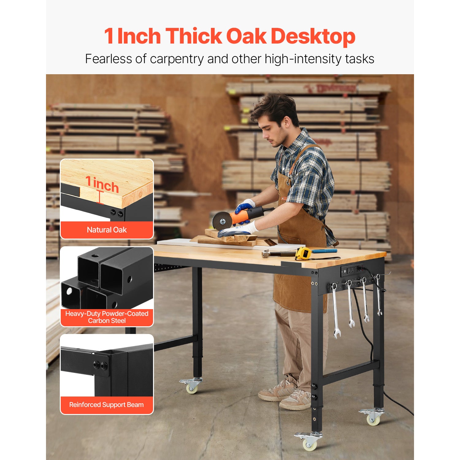 VEVOR Adjustable Height Hardwood Workbench with Power Outlets for workshop, garage, storage, or utility use